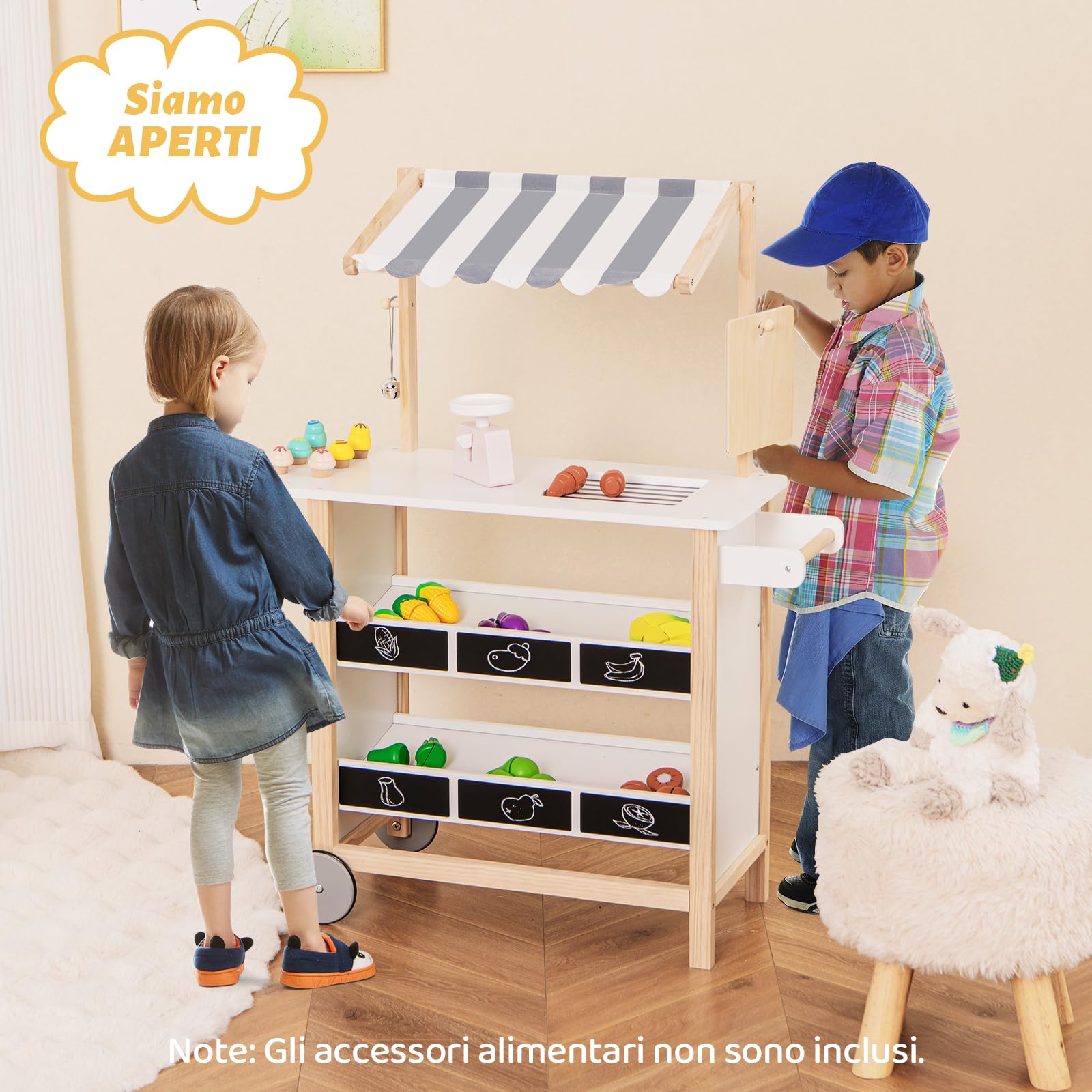 RELAX4LIFE Bancarella in Legno per Bambini con Carretto dei Gelati, 6 Coni Gelato, Ripiano e Lavagna, Bilancia e Campanello, Gioco di Ruolo Educativo, (BIANCO,79,5 x 29,5 x 100 cm)