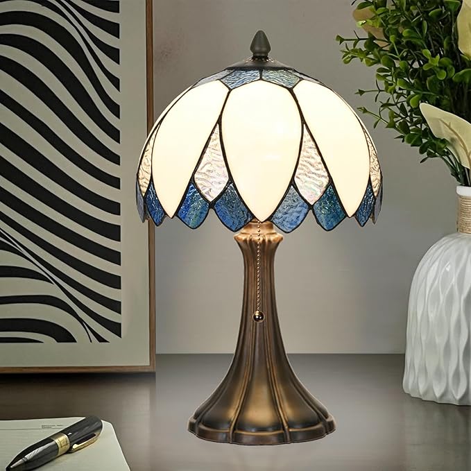 HomeBeauty TL0014 Blue & White LotusTiffany Table Lamp Stained Glass Bedside Lamp Bending Glass Reading Desk Light 9.5 X 16.5 Inches for Bedroom Living Room Home Office (Blue &White) photo 5