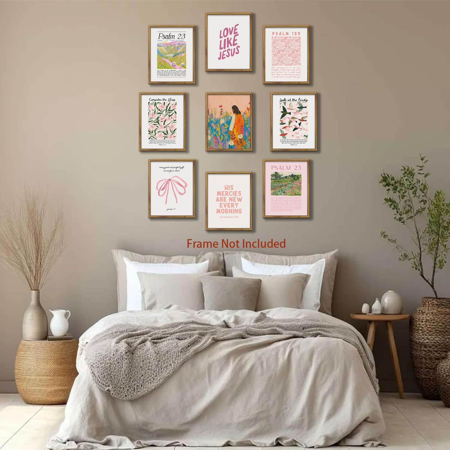 BingruiArt 9Pcs Christian Wall Art Pink Bible Verse Posters Jesus Canvas Retro Psalm 23 Scripture Vintage Christ Artwork Religious Poster Pictures Prints for Living Room Bedroom 12x16in Unframed