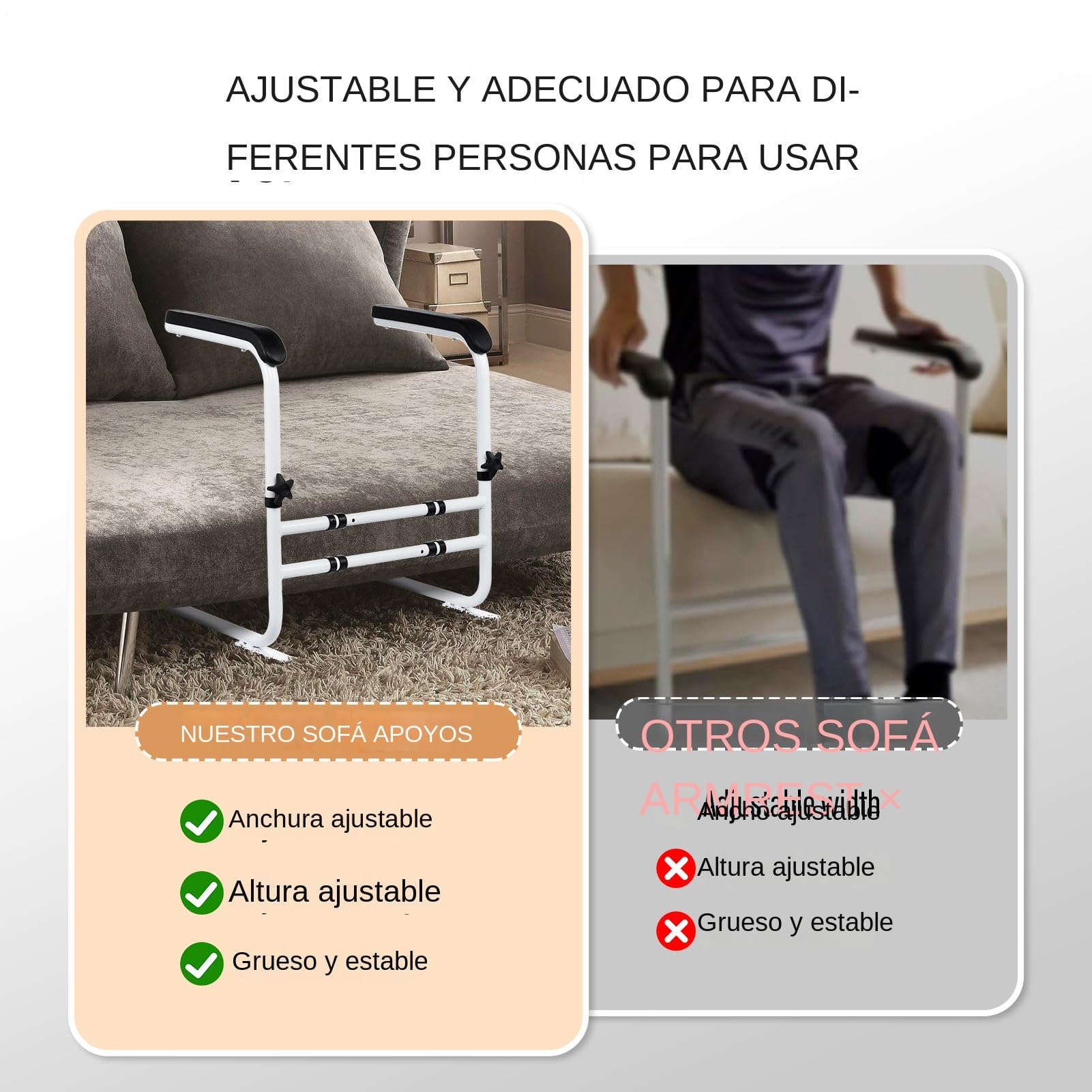 Ayuda para levantarse del sofá para personas mayores, ayuda para caminar, soporta 204 kg, altura 6, ancho 3, ajustable, patas antideslizantes, asa de seguridad para pacientes con discapacidad.