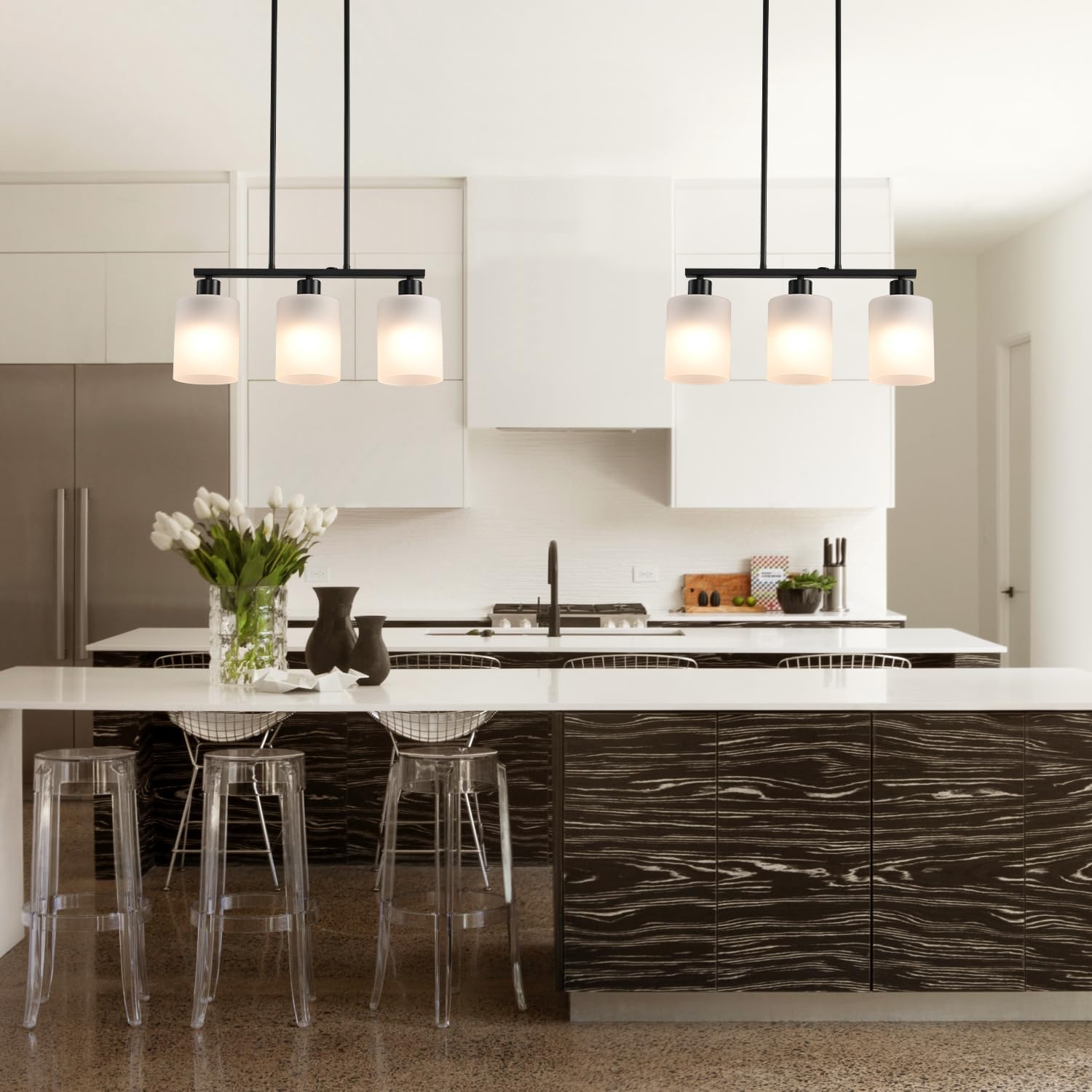 Kitchen Island Pendant Light Fixture, 3 Lights Frosted Glass Pendant Light Fixtue, Black Linear Metal Chandelier for Dining&Living Room Foyer,Height Adjustable