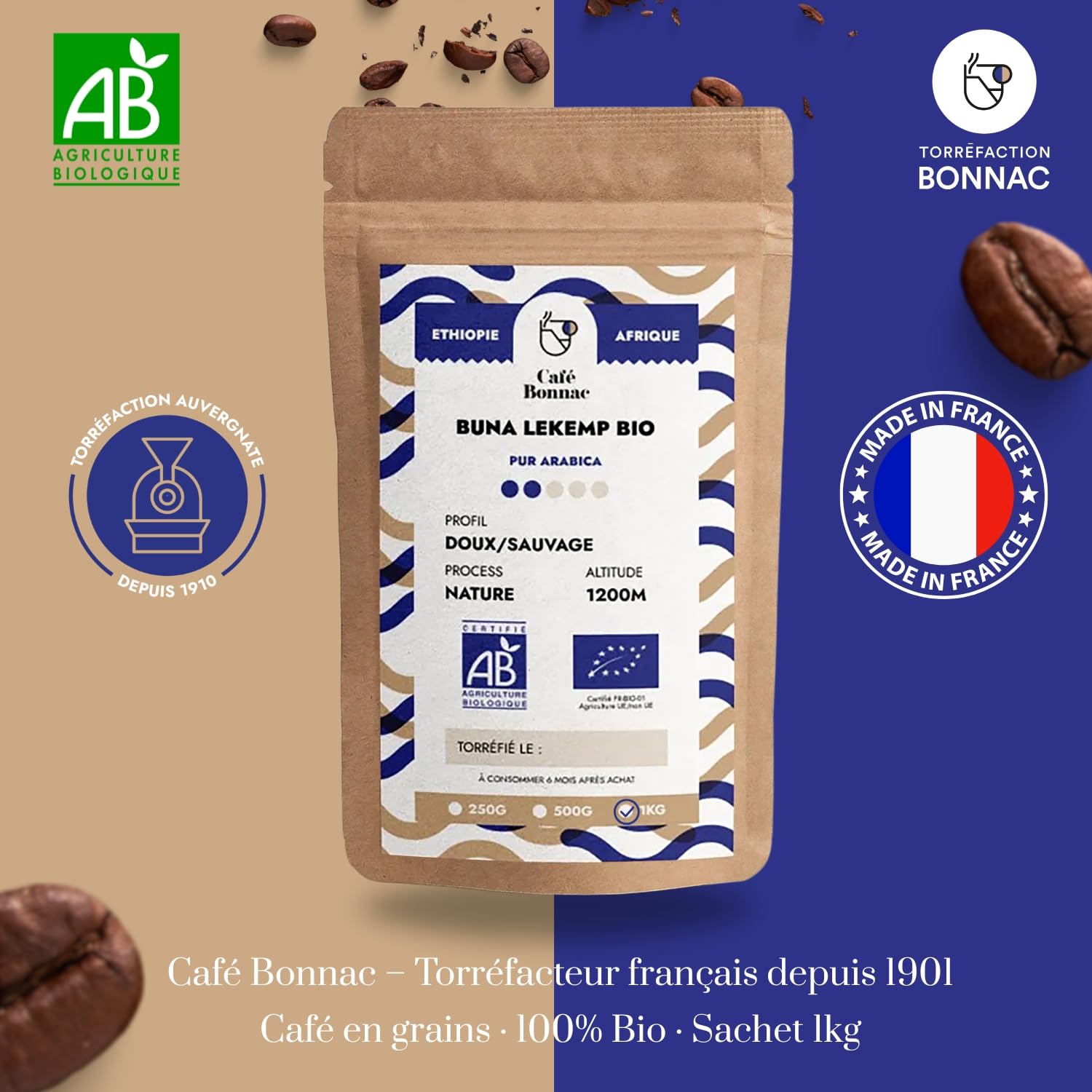 Café Bonnac – Café En Grain Éthiopie Buna Lekemp 500gr | 100% Arabica Naturel | Notes De Fruits Rouges Et Épices | Torréfaction Artisanale | Idéal Machine À Café Grain