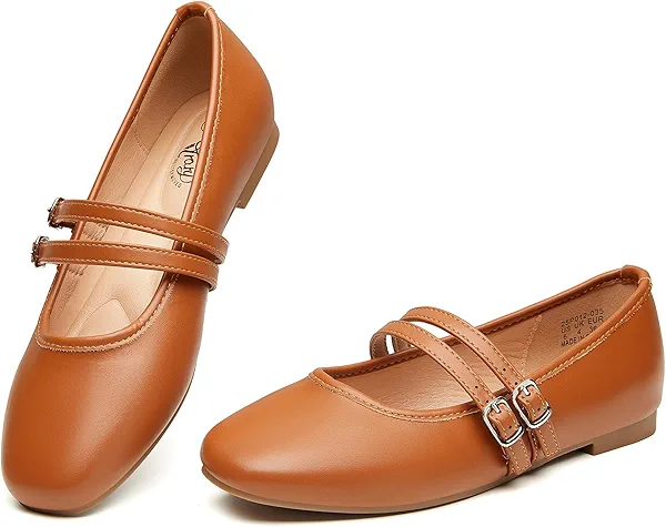 Trary Mary Jane Shoes Women Square Toe Flats for Women Dressy Ballet Flat Mary Jane Flats with Buckle Strap Comfortable Slip On Casual Shoes