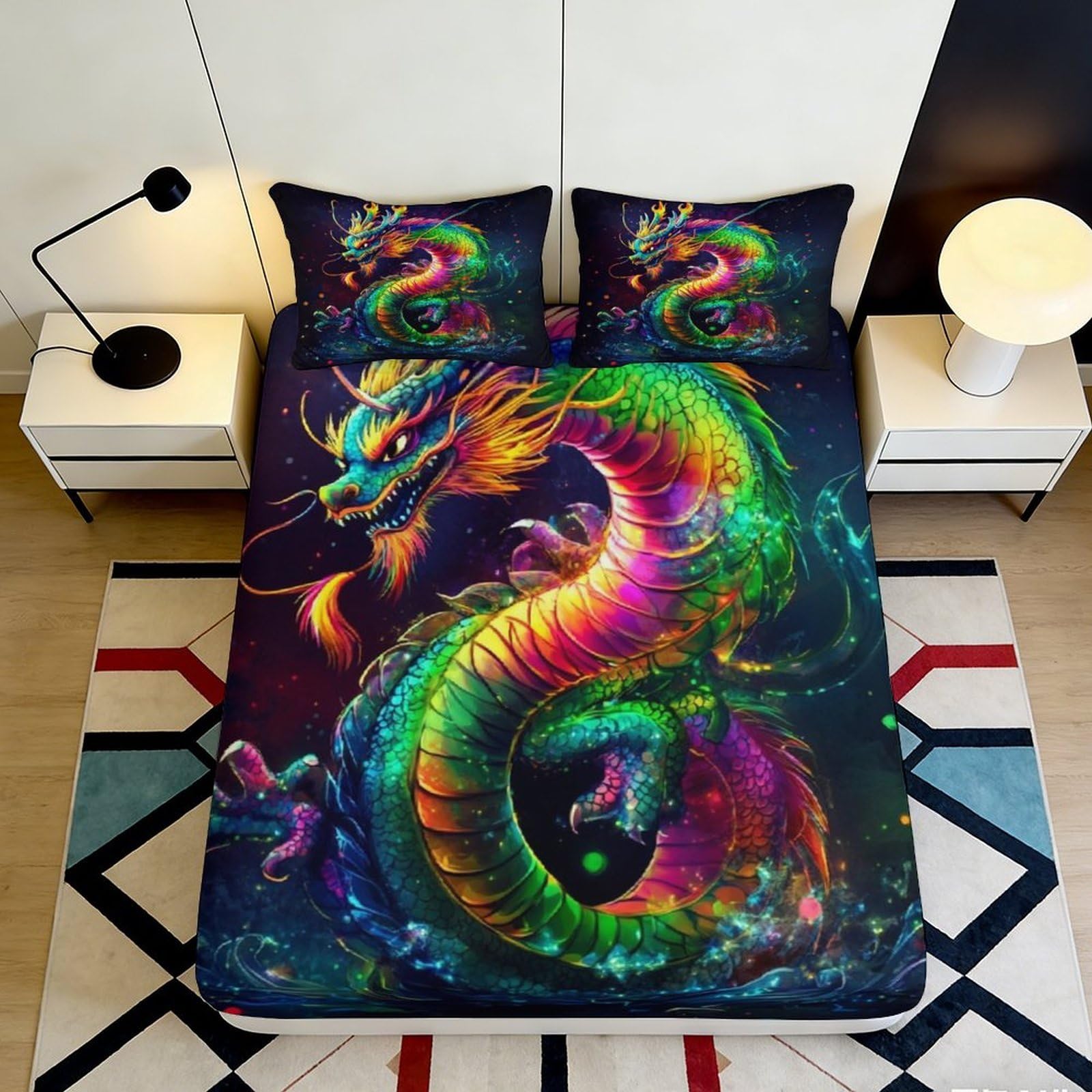 3D Printed Colorful Dragon Fitted Sheet Microfiber Soft Vibrant Oriental Bed Cover for Bedroom Decor Protection 90x200x25cm