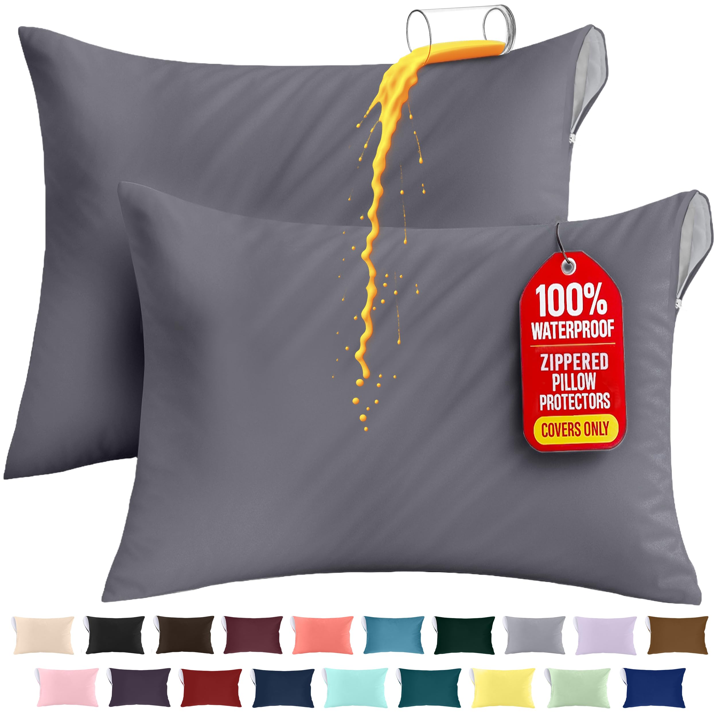 Utopia Bedding Premium 100% Waterproof Pillow Protectors with Zipper Standard Size (Set of 2), Bed Bug and Dust Mite Proof Zippered Pillow Covers, Pillow Encasement Cases, Gray