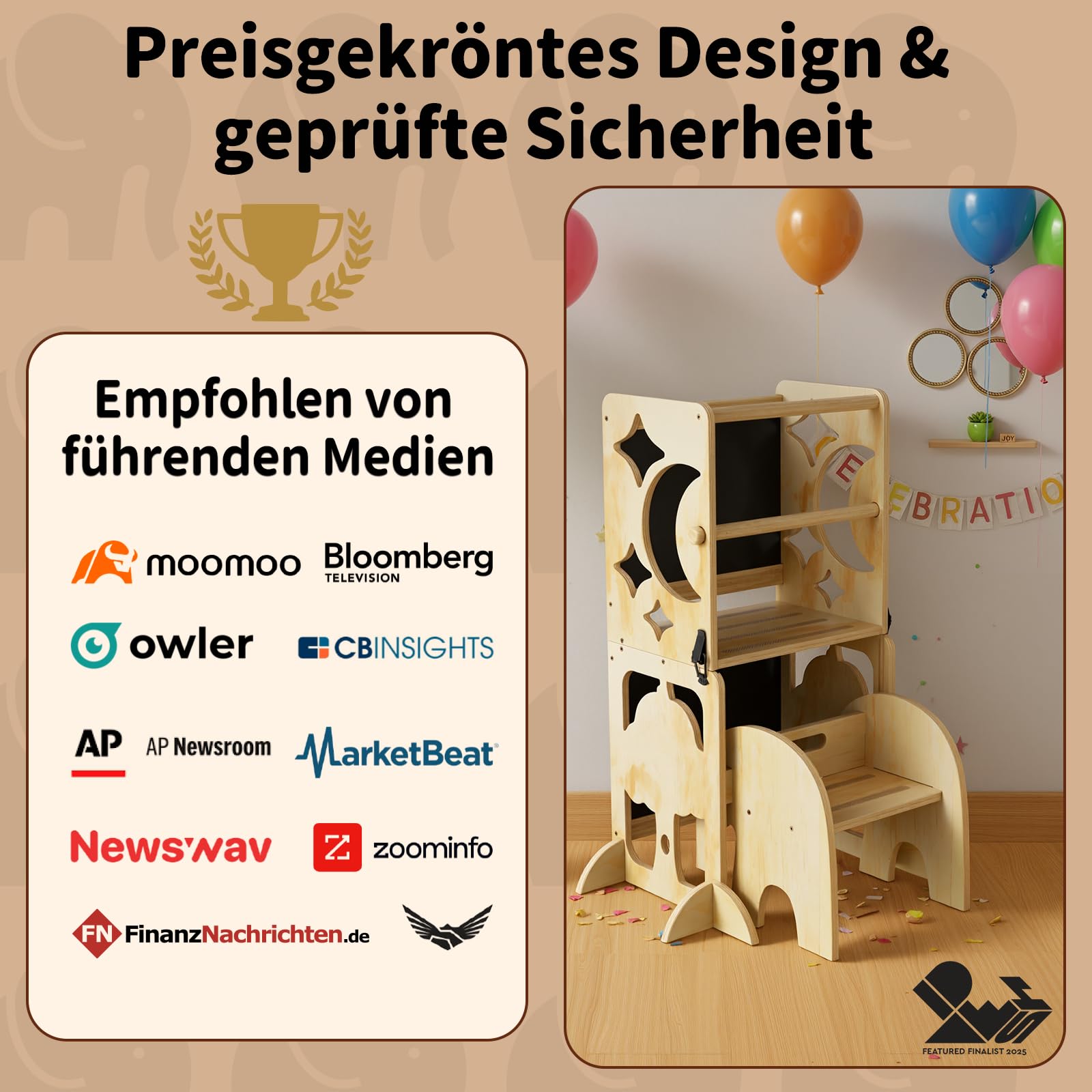 COSYLAND Lernturm ab 1 Jahr, klappbar – 4in1 Lernturm Kinder mit Doppeltafel, Stehhilfe & Schreibtisch mit Stuhl, Elefanten-Hocker als Tritthocker, Natur