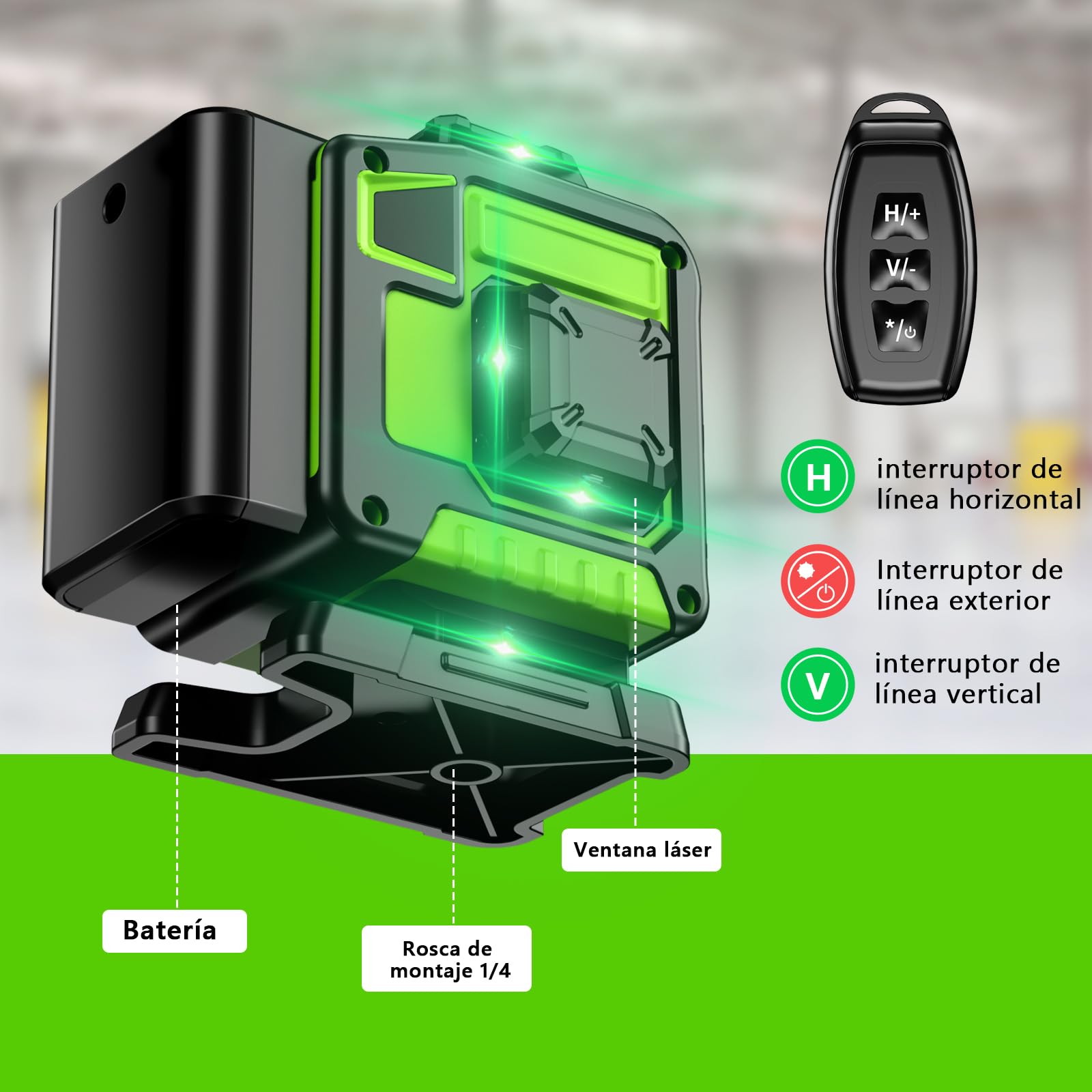 Nivel Laser Autonivelante 360 Grados, Nivel Láser Verde 16 Líneas, 2 x 360 Horizontal y 2 x 360 Verticales, 2 x Batería, Montaje en Pared, Control Remoto, Base Magnética, Soporte Giratorio, Trípode