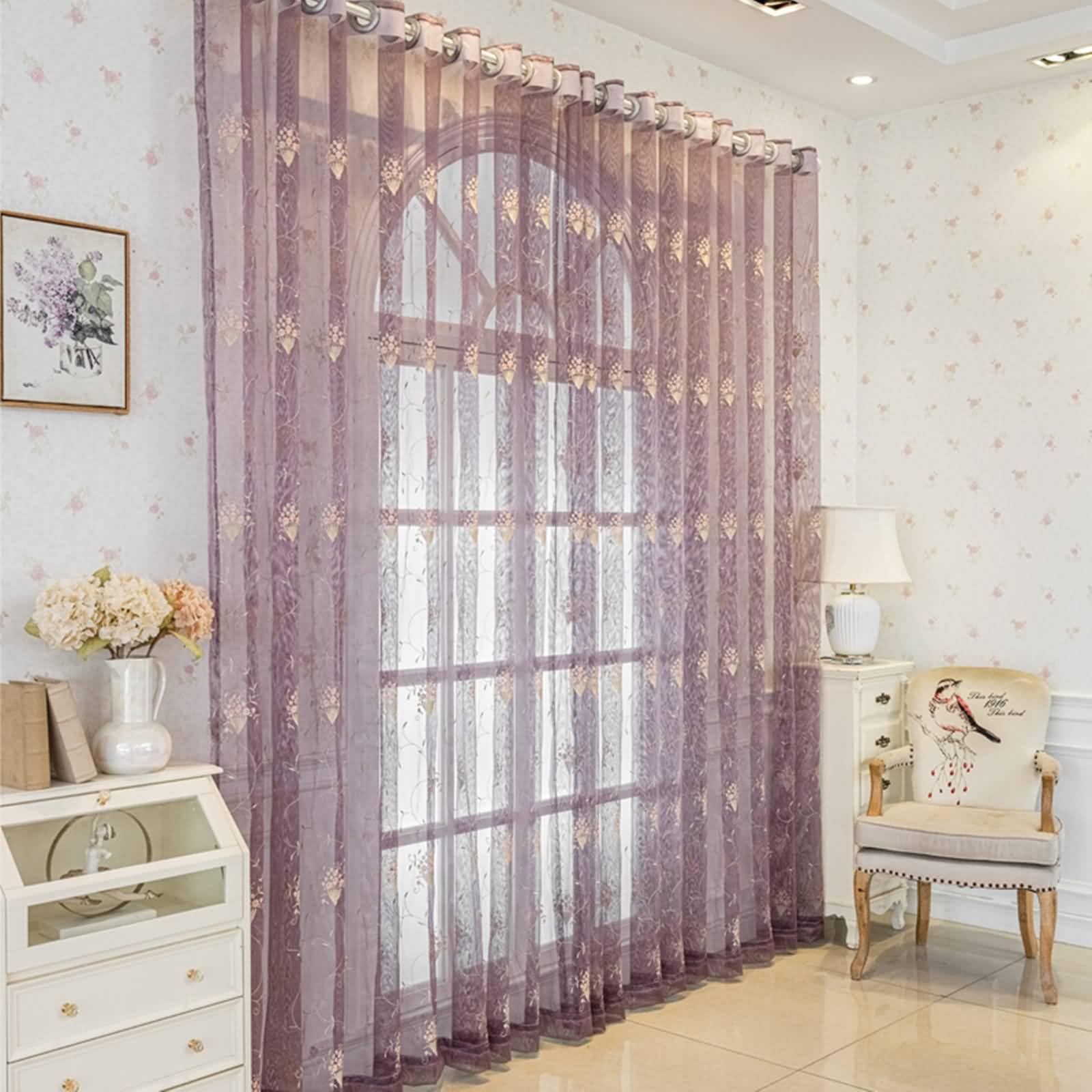 Cortinas 2 Piezas Traslúcidas,2 x 107W x 147H CM,Cortinas Ventana Visillos Púrpura Patrón Bordado Floral Cortinas Cocina con Ojales