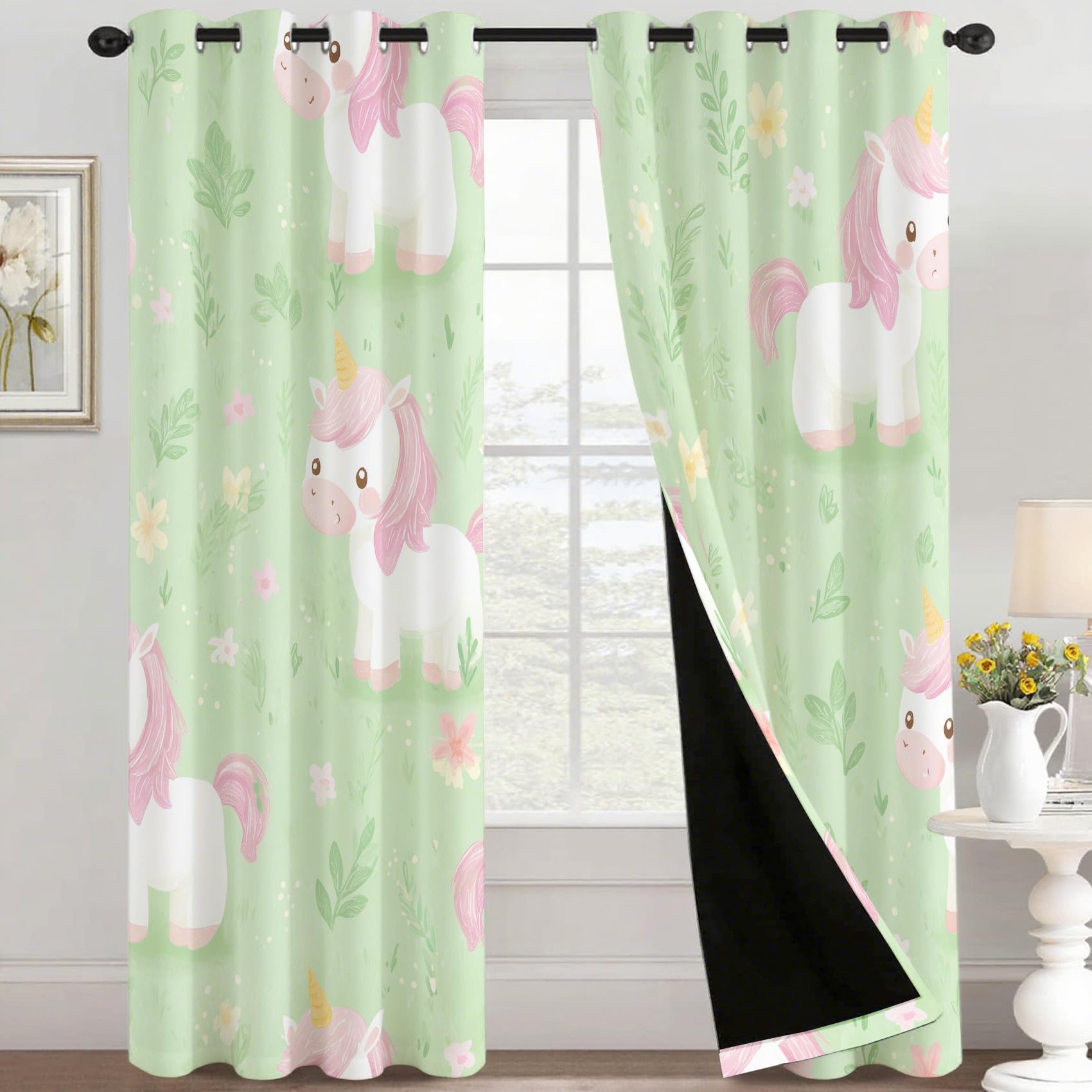 Générique Rideau Occultant Licorne, Lot de 2 Rideaux Occultant Thermique Isolant à Oeillets, Motif Enfants Mignon Cartoon, Decoration Chambre Salon Fenetre, 140 L x 160 H G811n