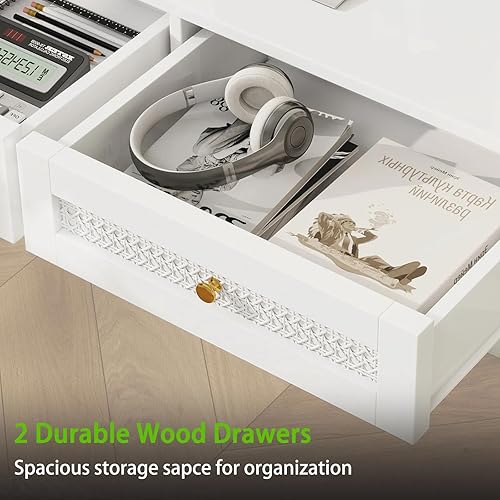 Miniatura 5 de LTMEUTY Moderno escritorio de computadora de ratán blanco de 40 pulgadas con 2 cajones para espacios pequeños, estudio de oficina en casa o