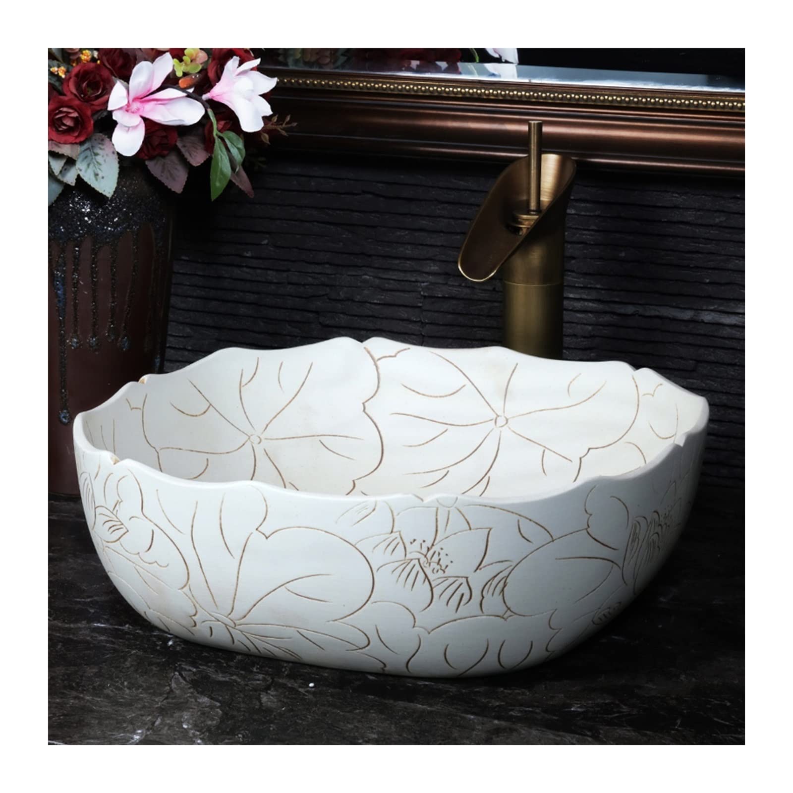 WOTZOV Bathroom Sink Vessel Sink Square 15.7"X15.7" Vintage Hand Carved Lotus Pattern Above Counter White Porcelain Ceramic Bathroom Vessel Vanity Sink Art Basin Lavatory Vanity