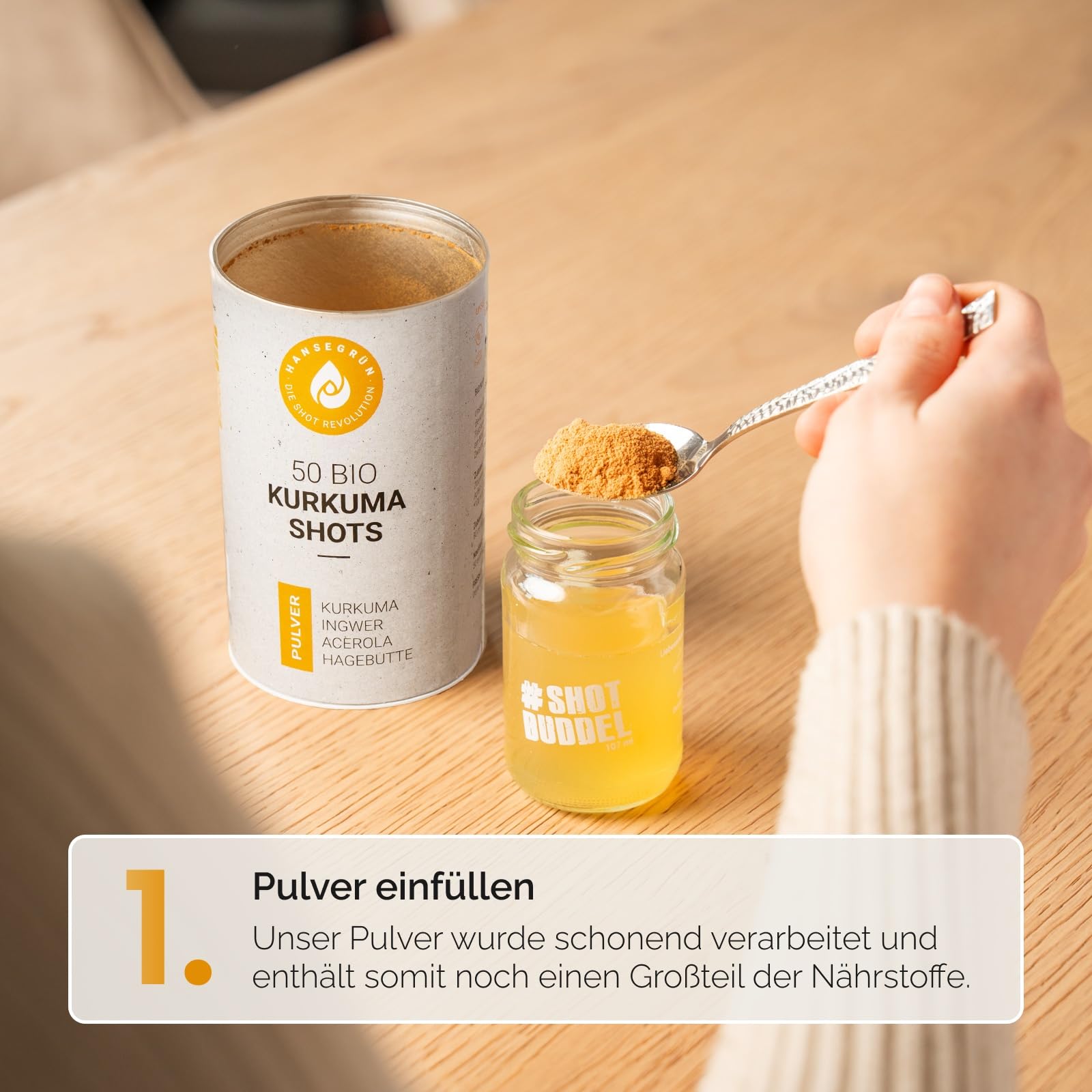 Hansegrün - 2x Bio Kurkuma Shots (50 Stk.) - Superfood-Pulver für Immunsystem¹, Knochen² & Knorpel³ - Kurkuma, Ingwer, Hagebutte & Acerola - 100% echte Zutaten zur täglichen Zubereitung
