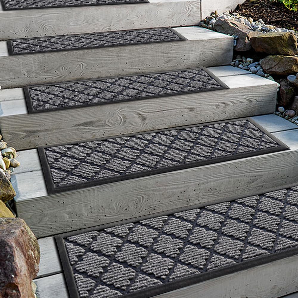 Aucuda Set of 6 Rubber Stair Mats, 76 x 22 cm, Weatherproof & Non-Slip Stair Mats, Non-Slip Thermal Insulation Rubber Mats for Outdoor, Spring Non-Slip Mats, Grey Stair Mat