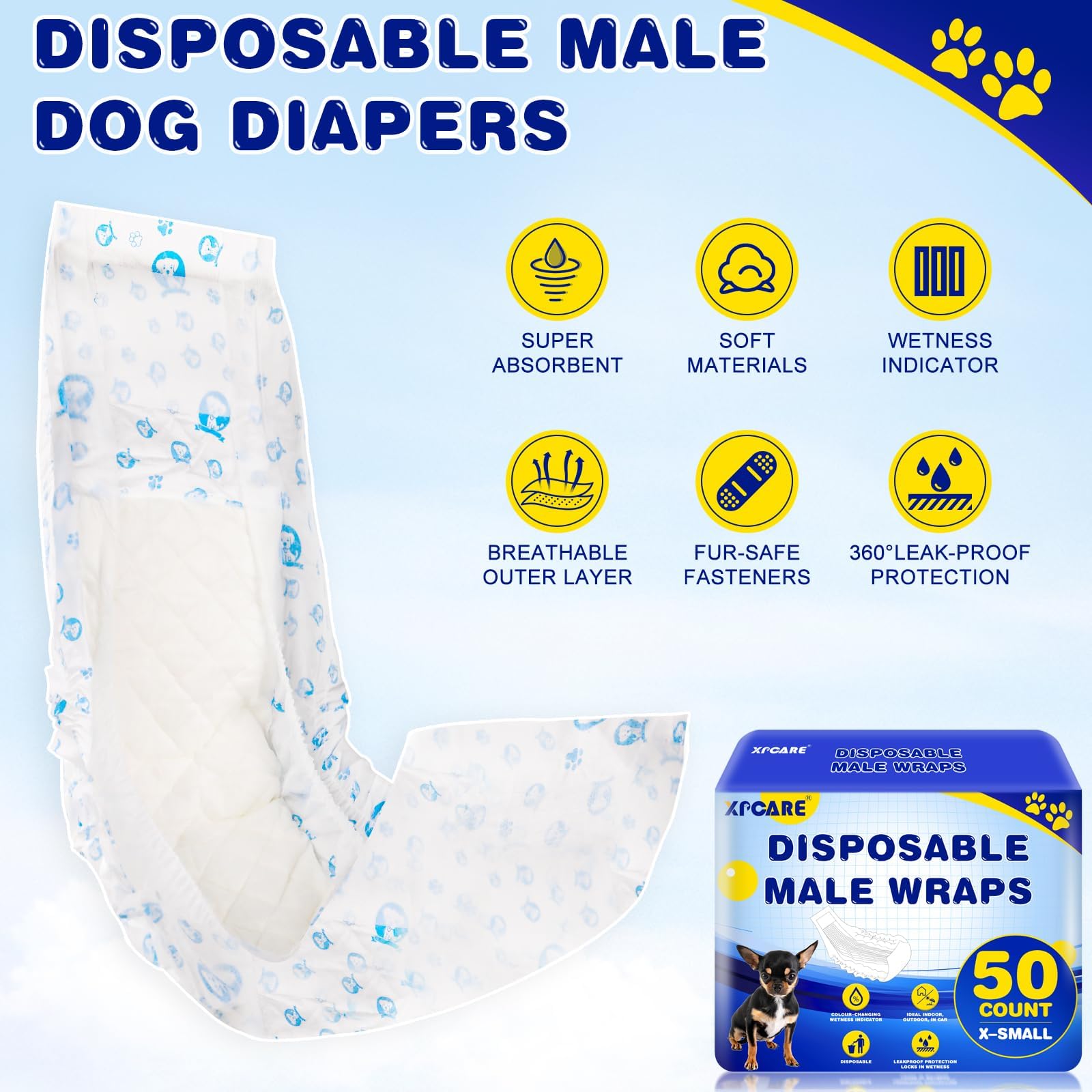 XPCARE 50 pañales desechables para perros machos, envolturas para perros machos, ajuste súper absorbente a prueba de fugas (pequeño)