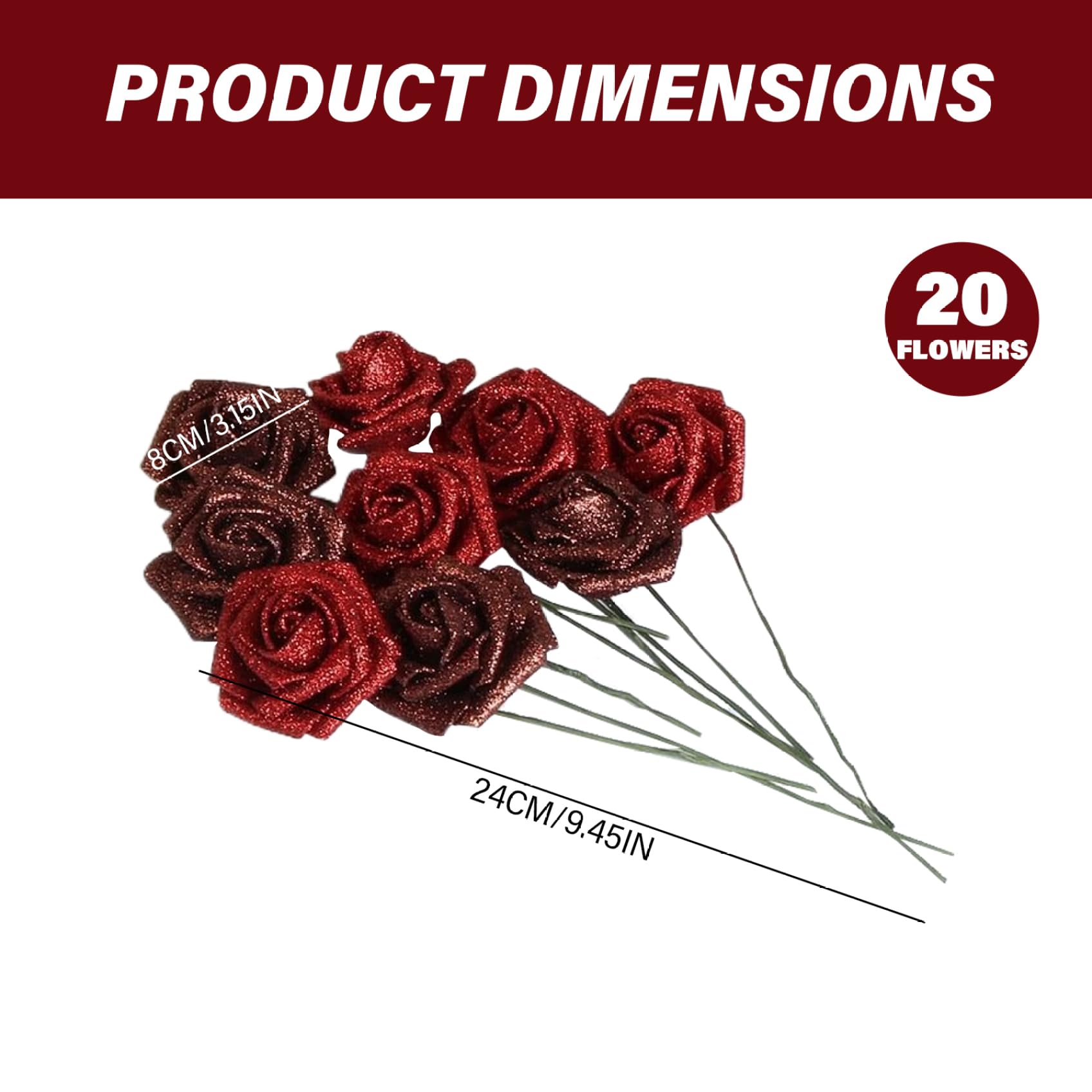 Bouquet de roses scintillantes 9,5 pouces fausses roses bricolage avec tige, rubans d'emballage et papier d'emballage