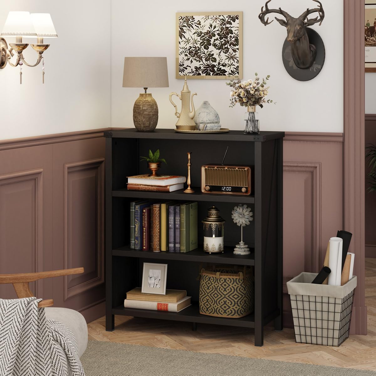 BON AUGURE Small Bookshelf, 3 Tier Black Book Shelf, Farmhouse Storage Bookcase, Short Wooden Book Cases for Small Space, Office, Bedroom, Living Room (Black Oak) - Image 8