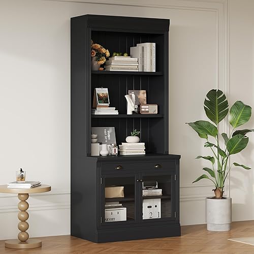 Wood Bookcase with 2 Glass Doors and 1 Drawer, Storage Bookcase with Open Shelves,High Bookshelf for Living Room Study Room Home Office, Black