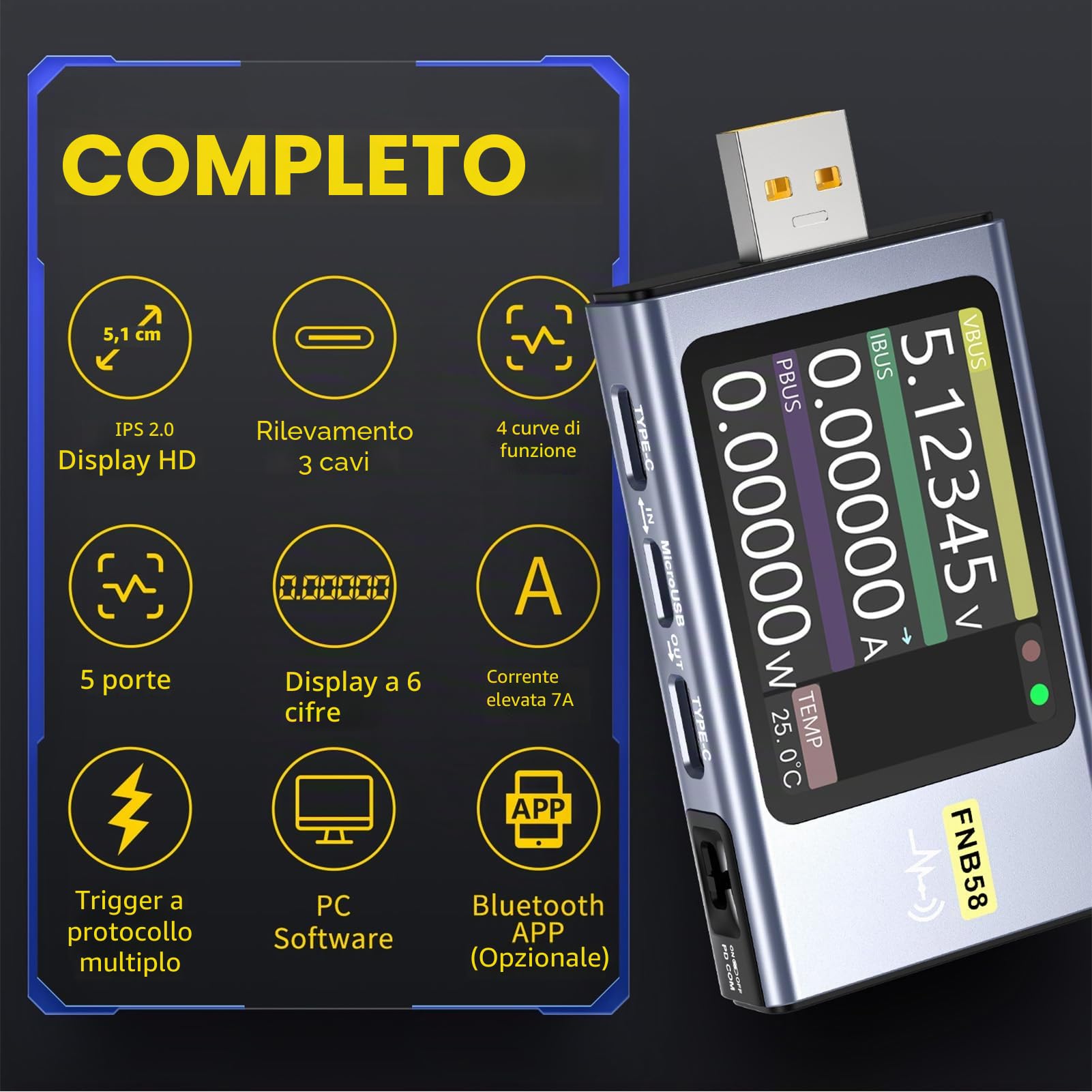 FNB58 Tester USB, Voltmetro Amperometro Digital Multimetro USB C Tester Supporta Bluetooth, rilevamento rapido della carica, monitoraggio della tensione 4-28V e misura capacità e ondulazione