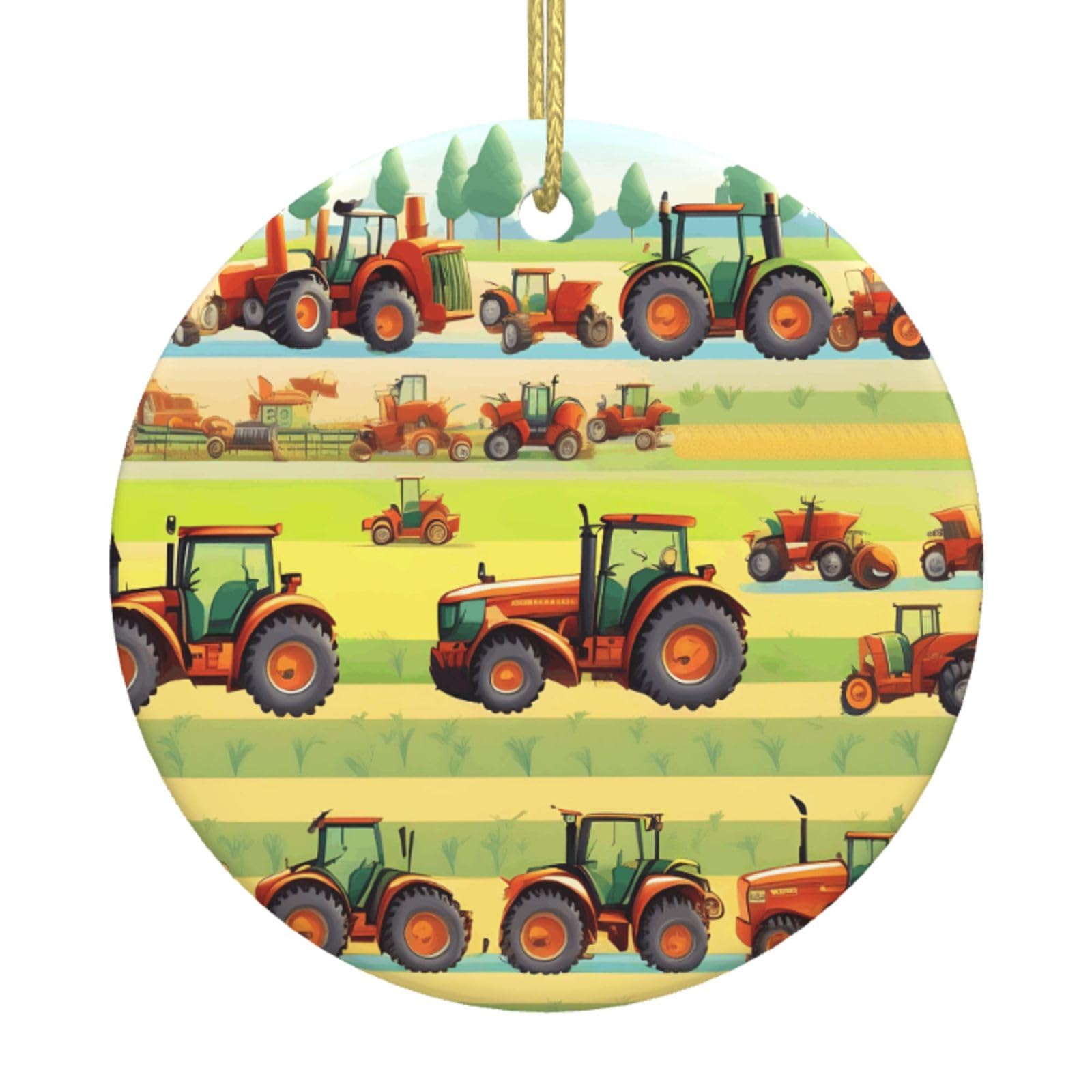 Tractor Farming Print Christmas Ornaments, Ceramic Hanging Ornament, Round Shape Decorations