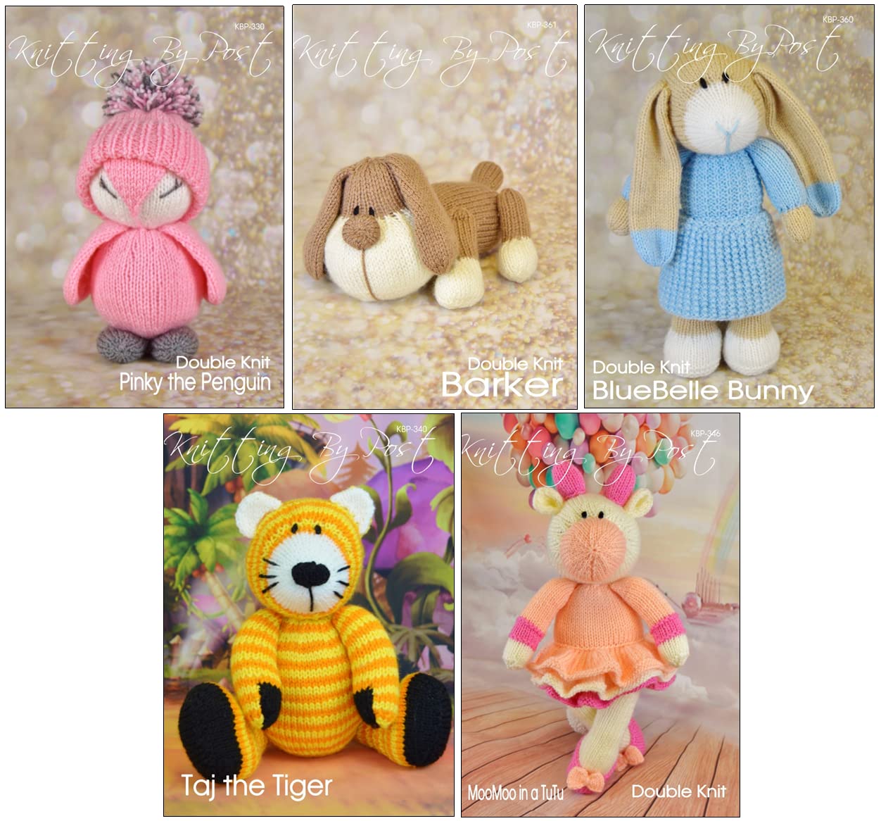 Knitting Collection Leaflets from Knitting by Post. Pinky The Penguin, Barker The Dog, Blue Belle Bunny, Taj The Tiger and MooMoo in a Tutu Cow Soft Toys