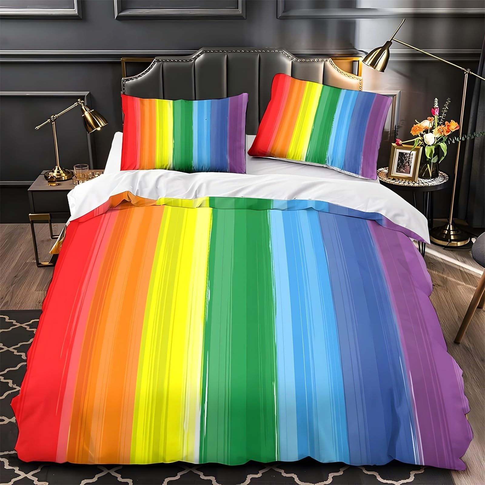 Ypthriline Stripes Single Duvet Cover Set Rainbow Bedding Set Microfiber Duvet Covers With Pillowcases Reversible Bedding With Zipper Closure 135X200cm