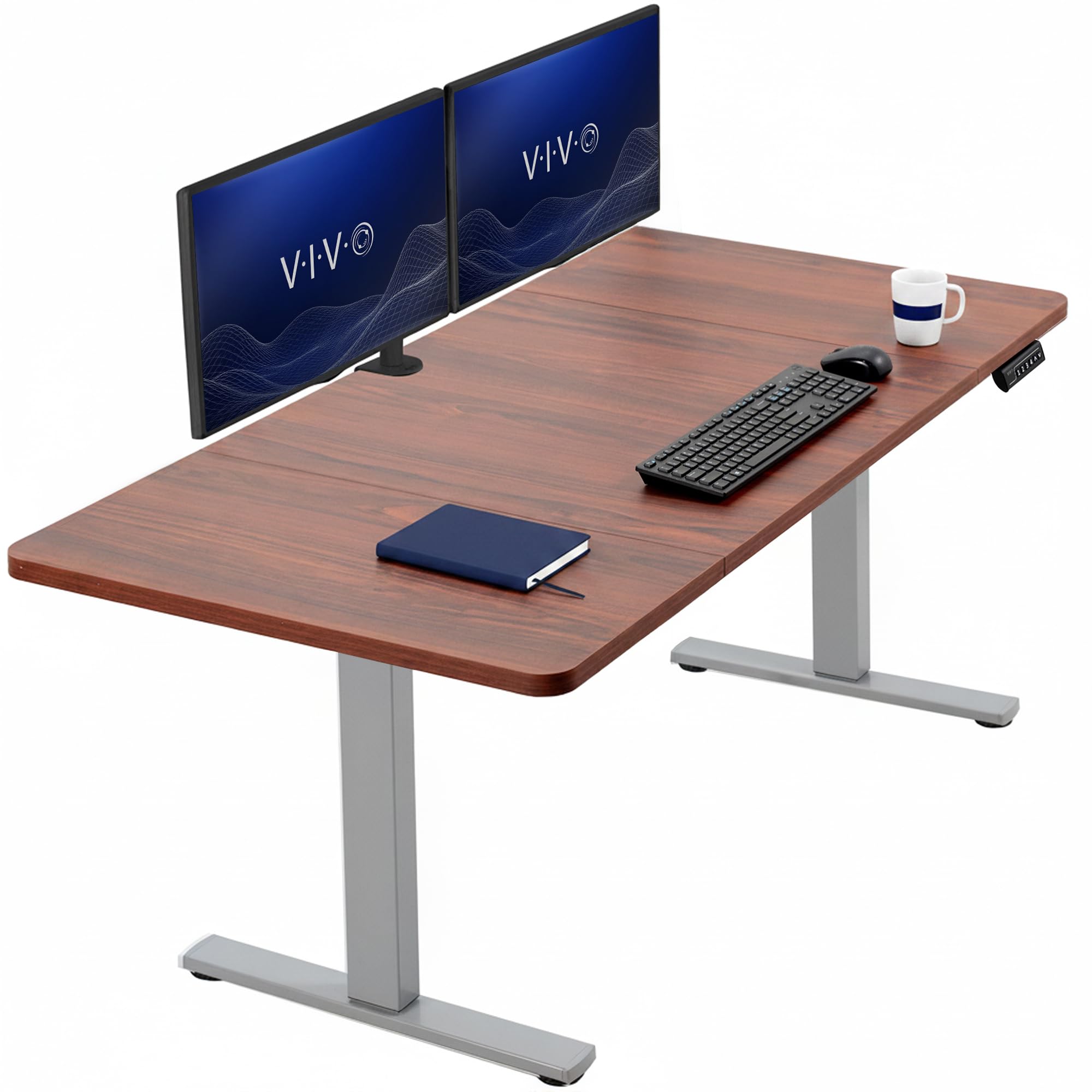 VIVO Dark Walnut 60 x 30 in Standing Desk, DESK-KIT-1G6D-30 | Electric, Holds 220 lbs, Sit Stand, Height Adjustable, Extra Deep Table Top, Memory Presets, 1B Series, Gray Frame
