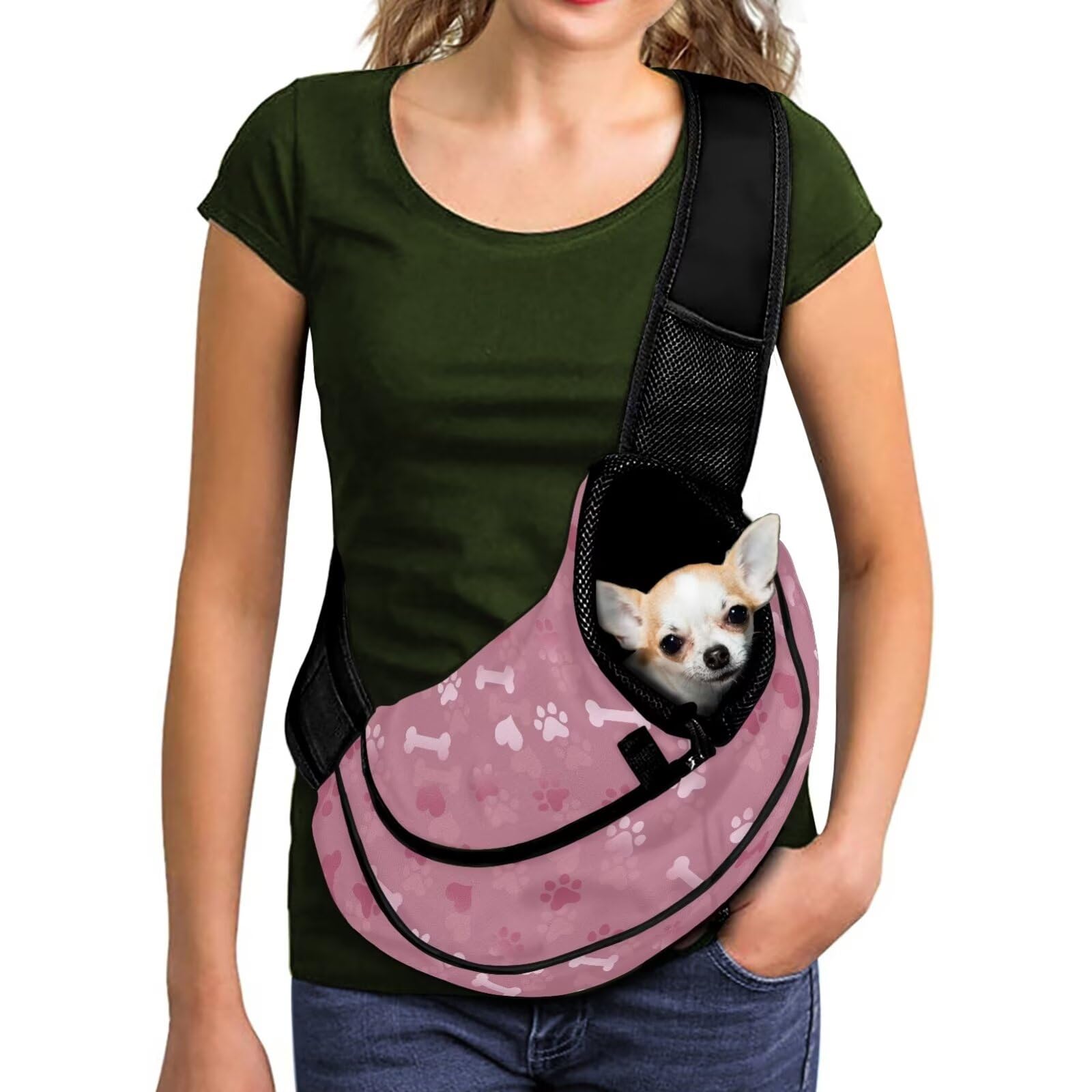 COEQINE Pet Carrier For Cat Pink Paw Print Dog Sling Bag for Small Dogs Breatheable Mesh Bags Thick Padded Shoulder Strap Drawstring Puppy Papoose for Outdoor