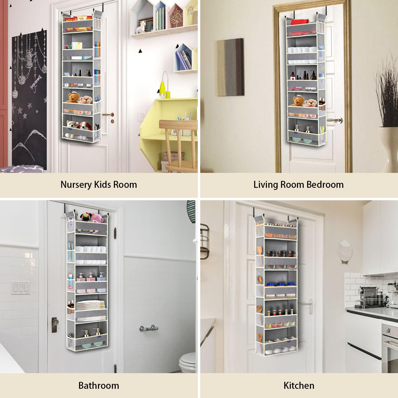 Organizador sobre la puerta, 5 estantes y 10 bolsillos laterales, almacenamiento sobre la puerta para baño, dormitorio, guardería, organizador de puerta colgante para pañales de bebé y 5