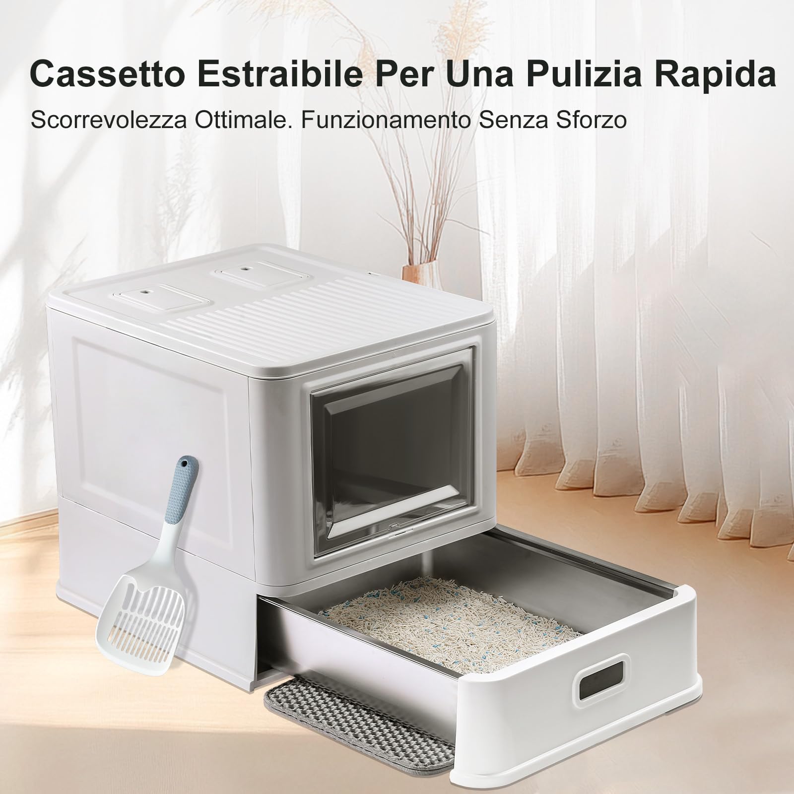 Marchul Cassetta Igienica per Gatti Chiusa in Acciaio Inossidabile con Coperchio e Design a Cassetto, con Paratie Anti-Perdite, Paletta e Tappetino, Antiodore, Con base migliorata