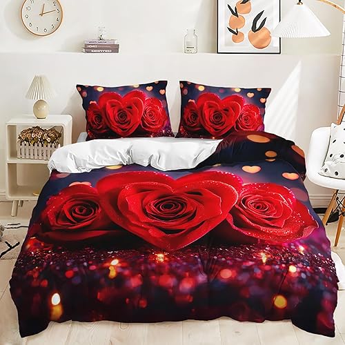 Miniatura 91 de AILONEN Juego de funda de edredón de rosa roja, tamaño King, juego de ropa de cama de delfín estrellado azul, funda de edredón romántica de San