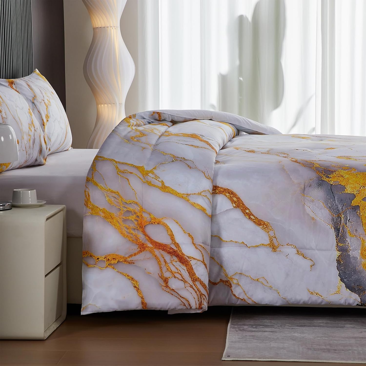 Holawakaka White Gold Marble Print Bedding Comforter Set Queen Size Marbled Bed Sets 3 Pieces (White Gold, Queen) - Image 4