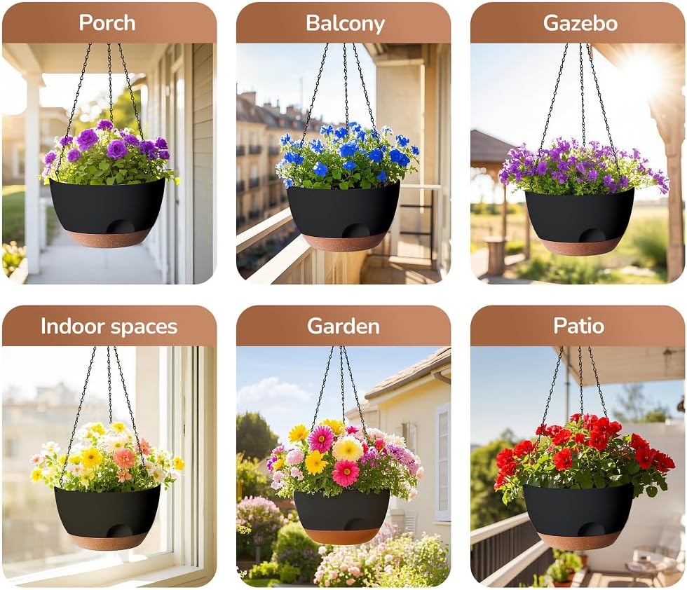 Set of 2-12 Inch Hanging Planter, Self-Watering Hanging Planters for Indoor Plants & Outdoor, Plant Hanger Indoor, Hanging Plant Pot with Drainage (Black)