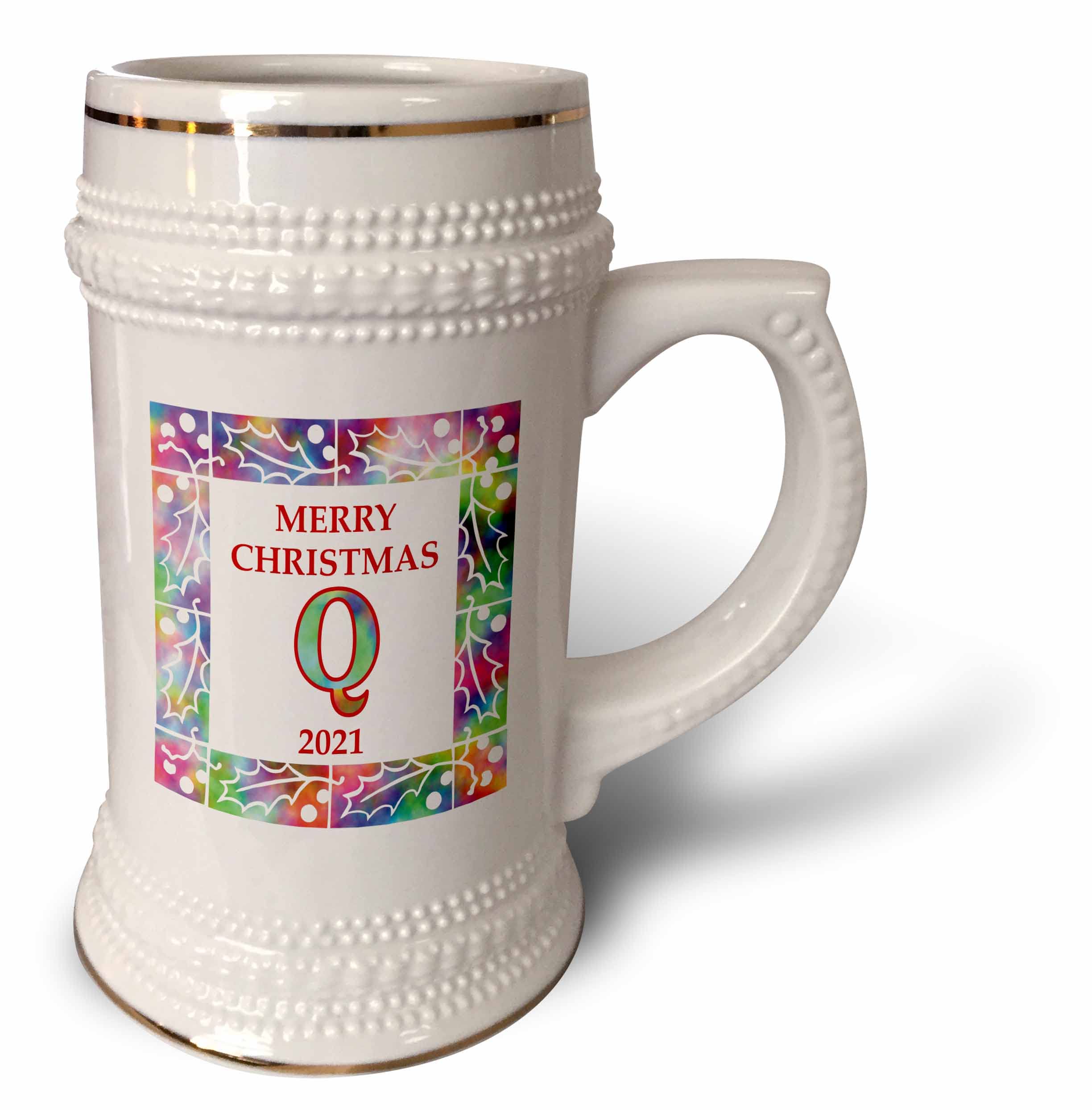 3dRose Letter Q Rainbow Tie Dye Holly Border Monogram - 22oz Stein Mug (stn_352509_1)