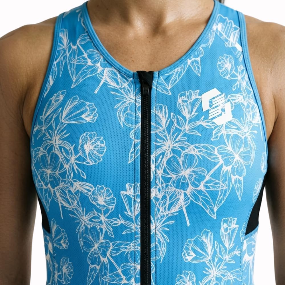 SLS3 Triathlon Suits Women – Sleeveless Trisuit Women - Premium FX Fabric, Tri Suit Womens Triathlon Suit, No Shelf Bra (Iris Blue Floral, Medium)