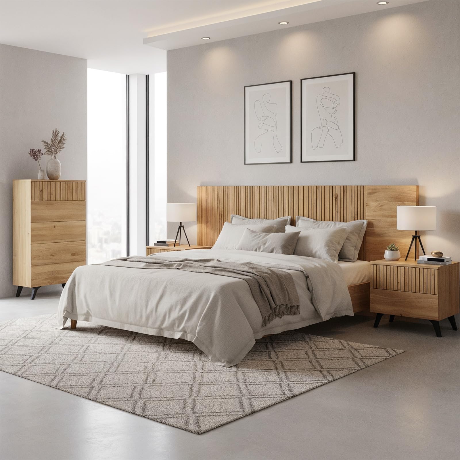 amuéblate Online - Pack Dormitorio Matrimonio Completo Nordik con Cabecero + 2 Mesitas de Noche + Sinfonier | Color Roble Miel