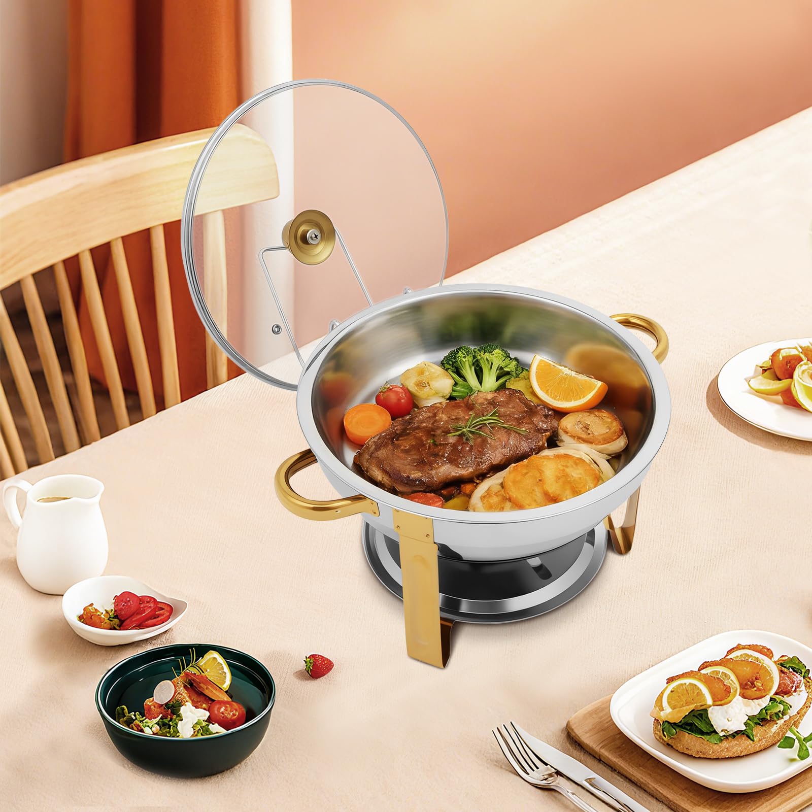 Chafing Dish zestaw bufetowy ze stali nierdzewnej, 5 l, okrągły pojemnik
