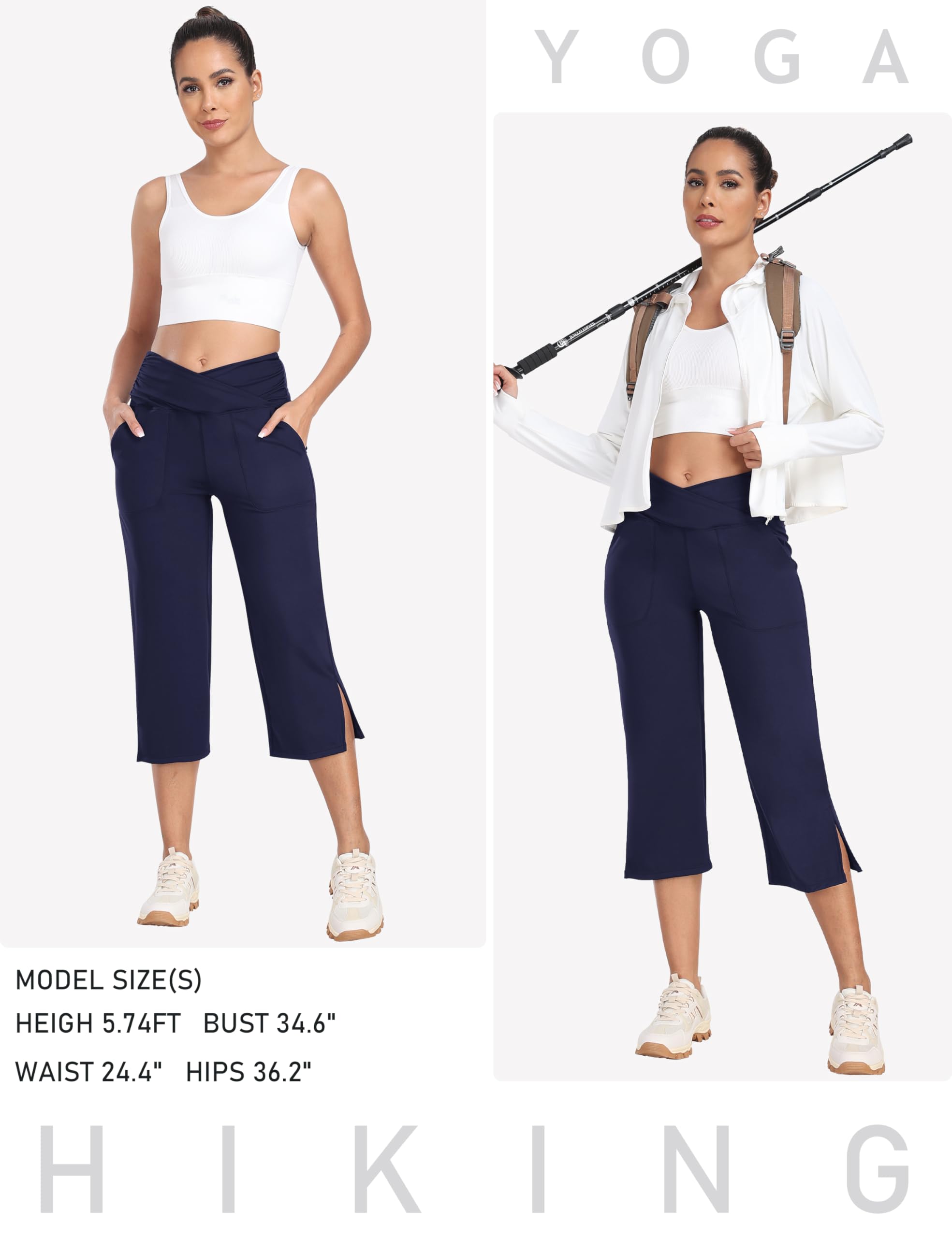 MoFiz Damen Outdoorhose Caprihose Stretch Sporthose 3/4 Lang Cross-Waist Flare Yogahosen mit Tasche