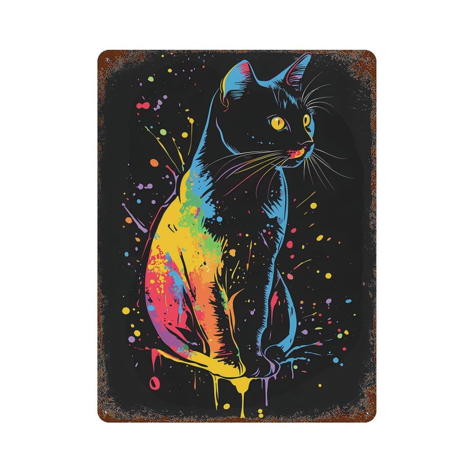 Rust Effect Rainbow Cat Art Vintage Rust Metal Sign 15.7"x11.8", Vintage Wall Decor for Garage, Bar And Workshop Decor