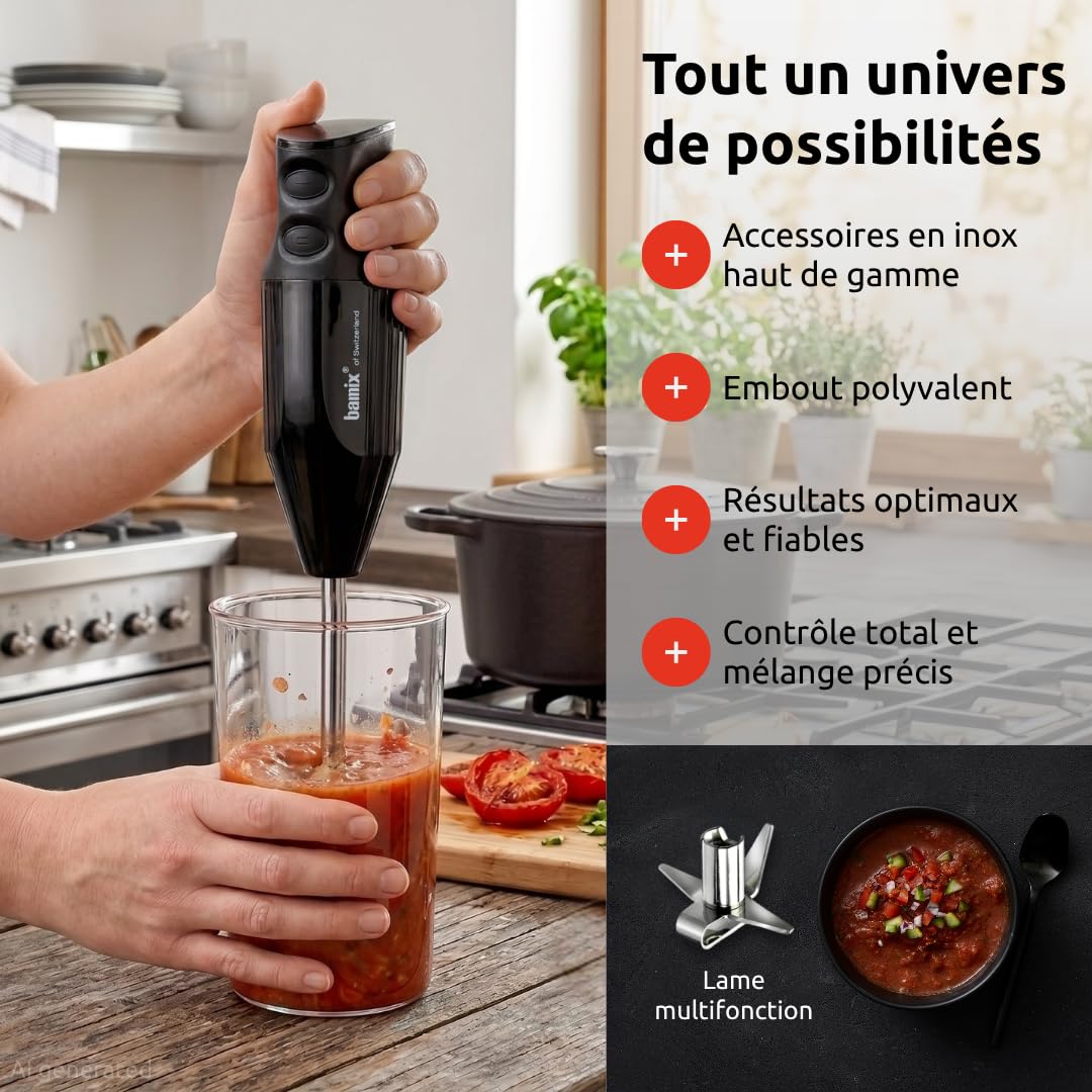 bamix Set avec mixeur plongeant M160 ONE avec couteau étoile en inox, 160 W, 2 vitesses, Fabriqué en Suisse, Noir