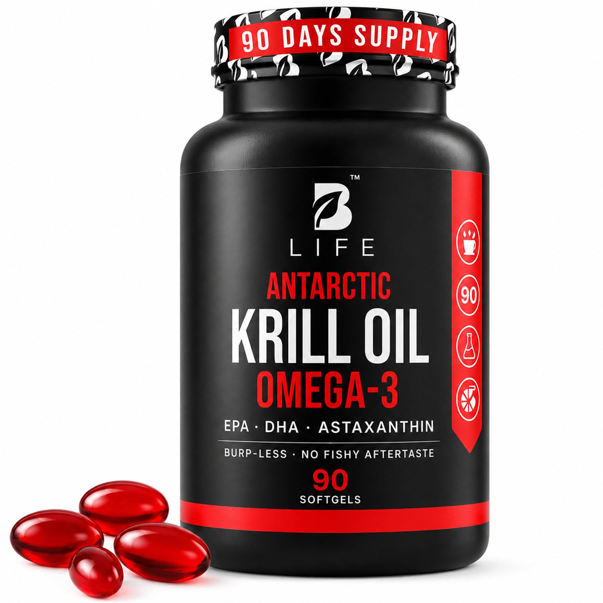 Antarctic Krill Oil Omega-3 – High-Absorption Phospholipid Omega 3 with EPA, DHA & Astaxanthin – Burp-Less, No Fishy Aftertaste – 90 Softgels, 90 Servings – Premium Krill Oil Supplement