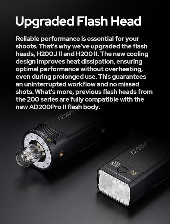 Godox AD200 Pro II GODOX AD200Pro II AD200ProII، فلاش جيب TTL بقوة 200 واط مع تبديد محسّن للحرارة، شاشة ملونة، ضوء نمذجة ثنائي اللون، خرج أوسع من 1/1 إلى 1/512، 500 فلاش كامل الطاقة
