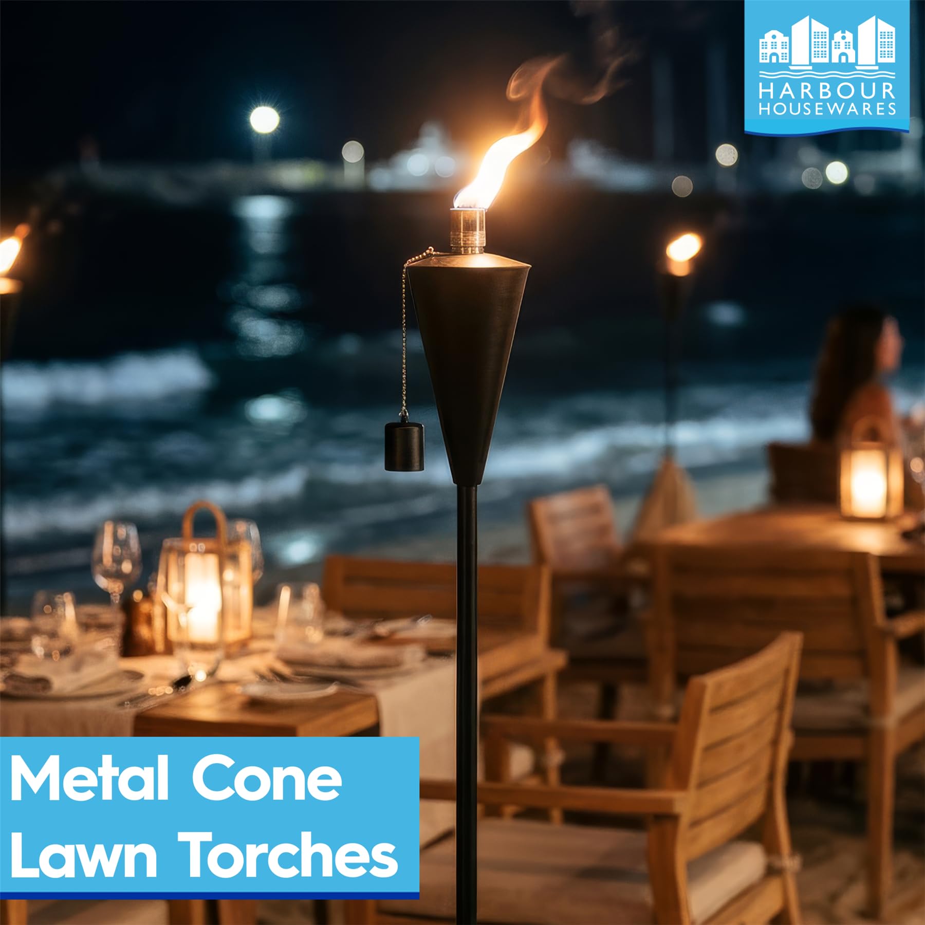 Harbour Housewares Torches de Jardin en Métal - Cône - Paquet de 6 - Torches de Jardin Argentées de 146 cm Éclairage Extérieur Moderne Lampe à Huile de Paraffine Lanterne à Flamme de Bougie