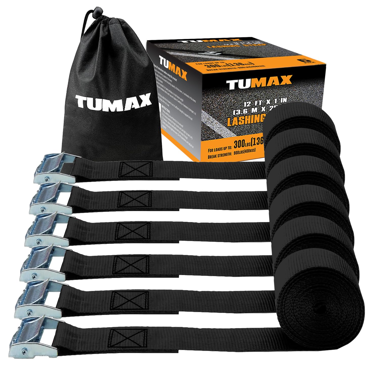 Tumax 6-Pack 1" x 12FT Cam Buckle Tie Down Straps, 900lbs Capacity Lashing Straps for Securing Cargo, Kayak, Canoe, Motorcycle, Bike, Truck and Luggage (Black)
