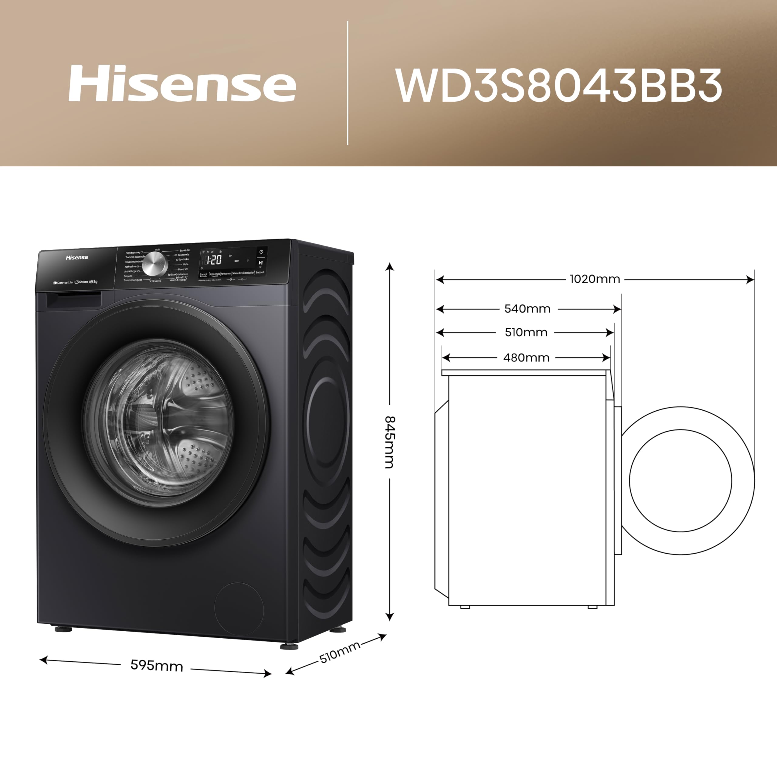 Hinsense WD3S8043BB3 Waschtrockner 8 kg 1400 U/min Dampffunktion JetWash Anti-Allergie Schwarz