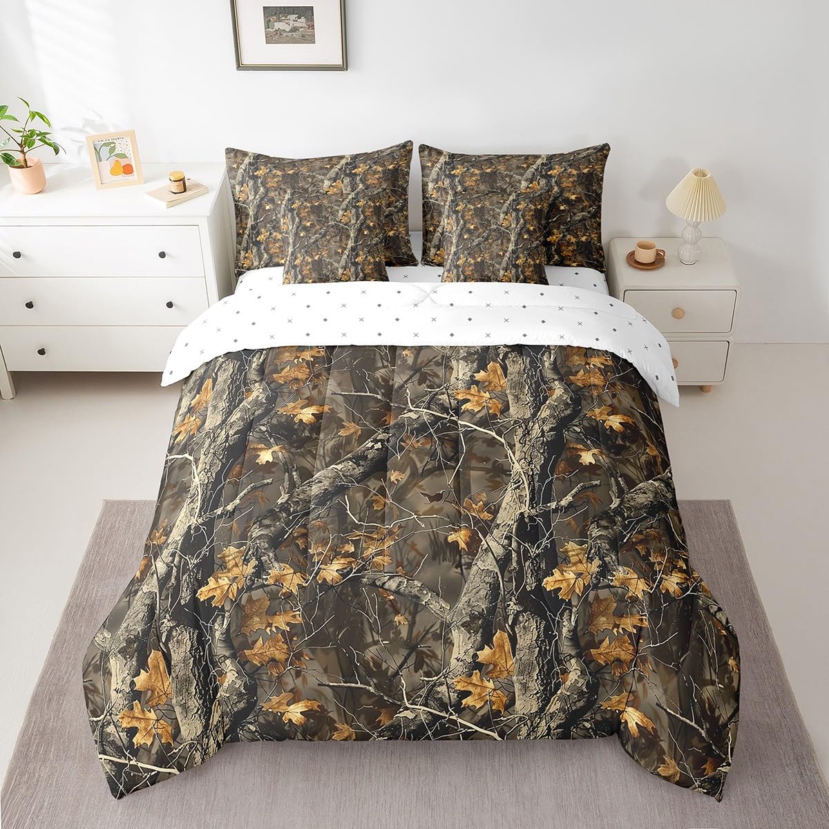 Feelyou Camo Comforter Set Queen Size 7 Pieces Comforters Rustic Farmhouse Bedding Set Cabin Hunting Tree Camouflage Themed Bed Set Bed in a Bag with