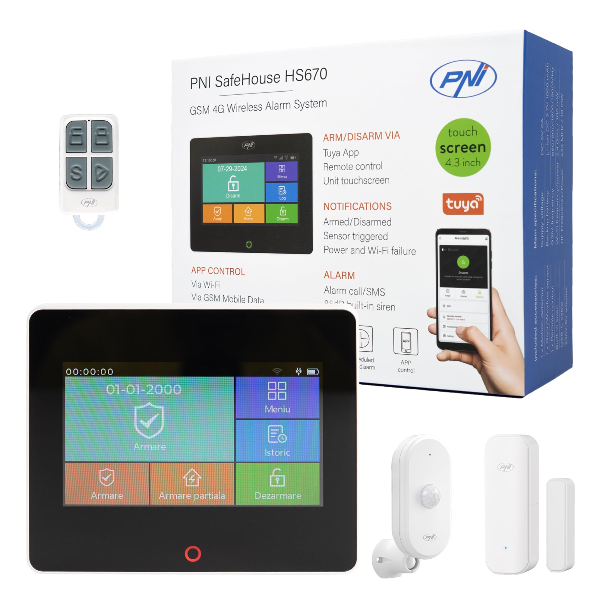 PNI Sistema de alarma inalámbrico SafeHouse HS670 WiFi GSM 4G, pantalla táctil a color, 99 zonas inalámbricas, soporta 5 números de teléfono, llamada de alarma y SMS, compatible con la aplicación Tuya