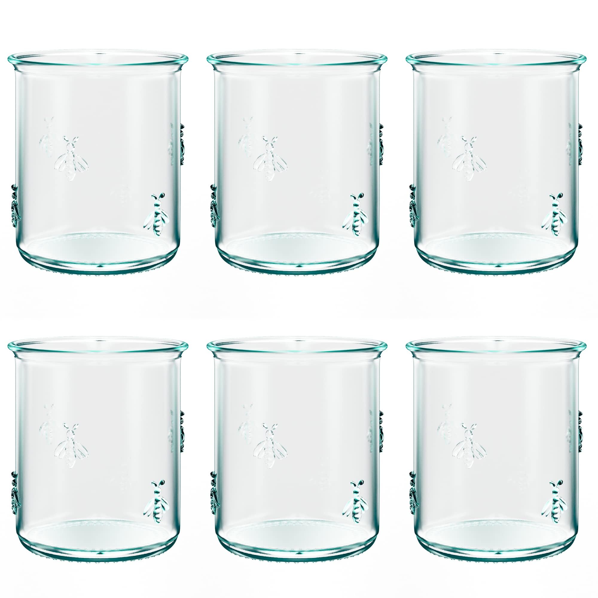 Amici Home Regina Tumbler Glasses - Set of 6, 12 Oz Green Tinted Cups with Embossed Bee Motif, Italian Soda Lime Glass for Summer Drinks - BPA & Lead-Free, Dishwasher Safe