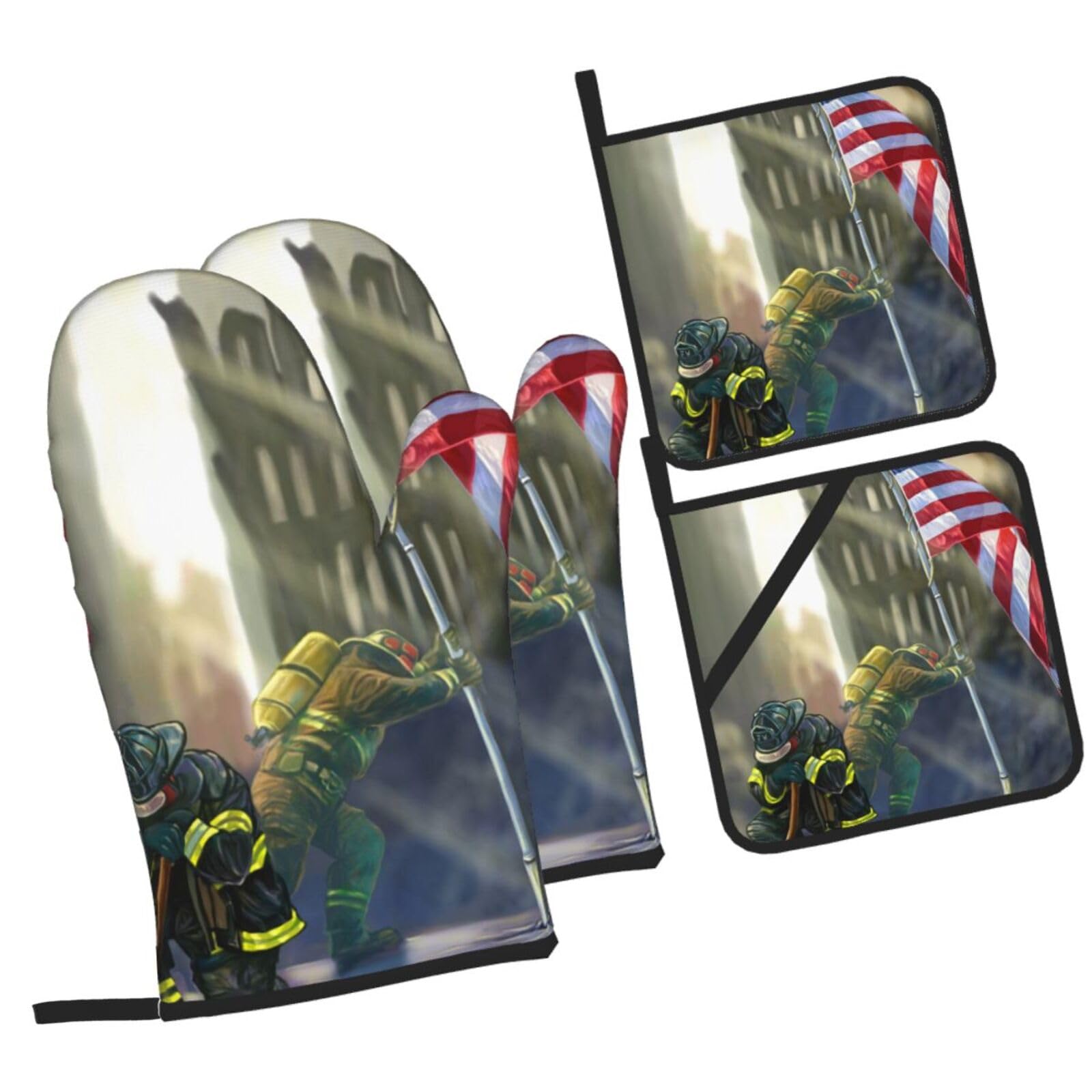 Patriotic Firefighter Printed Oven Mitts and Pot Holders Heat Resistant Set of 4 Pcs, Modern Kitchen Gloves & Potholders for Cooking Baking Grilling