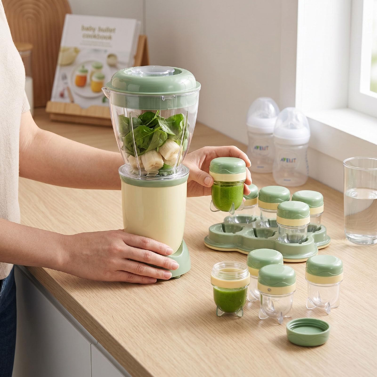 Ensemble de Préparation de Nourriture pour bébé, Mélangeur de Purée Multifonctionnel 10000 Tr/min, Robot Culinaire avec Récipients pour Fruits, Légumes et Viandes (Prise UE 220V)