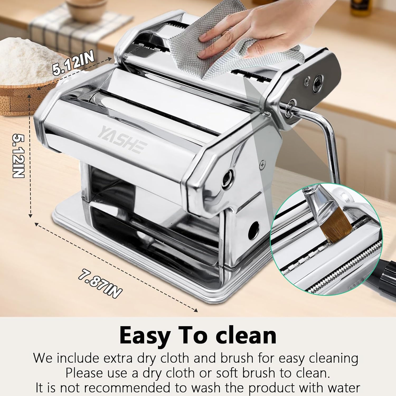 Close-up of the YASHE pasta maker showing the stable table clamp and hand crank for effortless rotation.